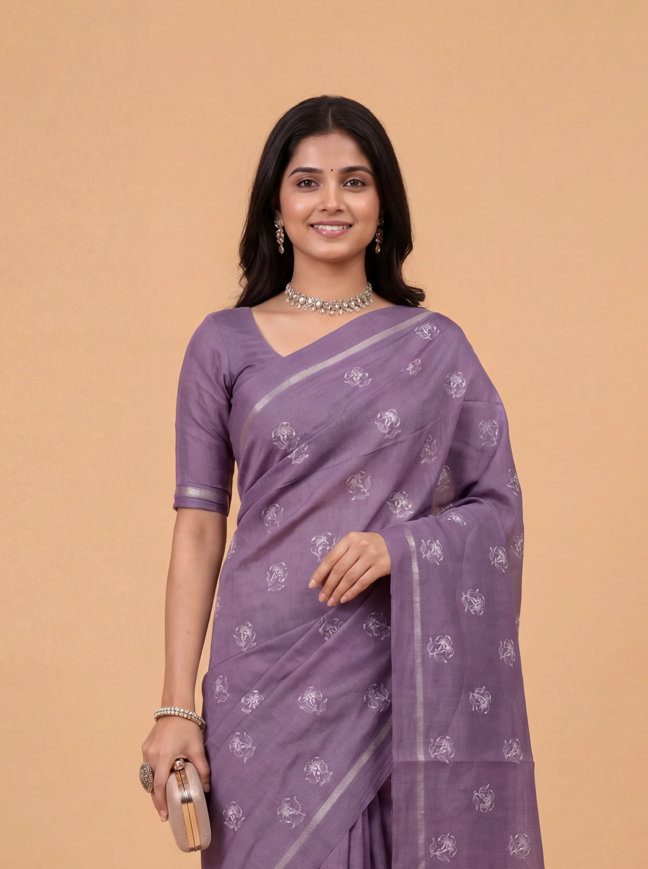 Women Semi Tussar Embroidered Violet Saree ST351