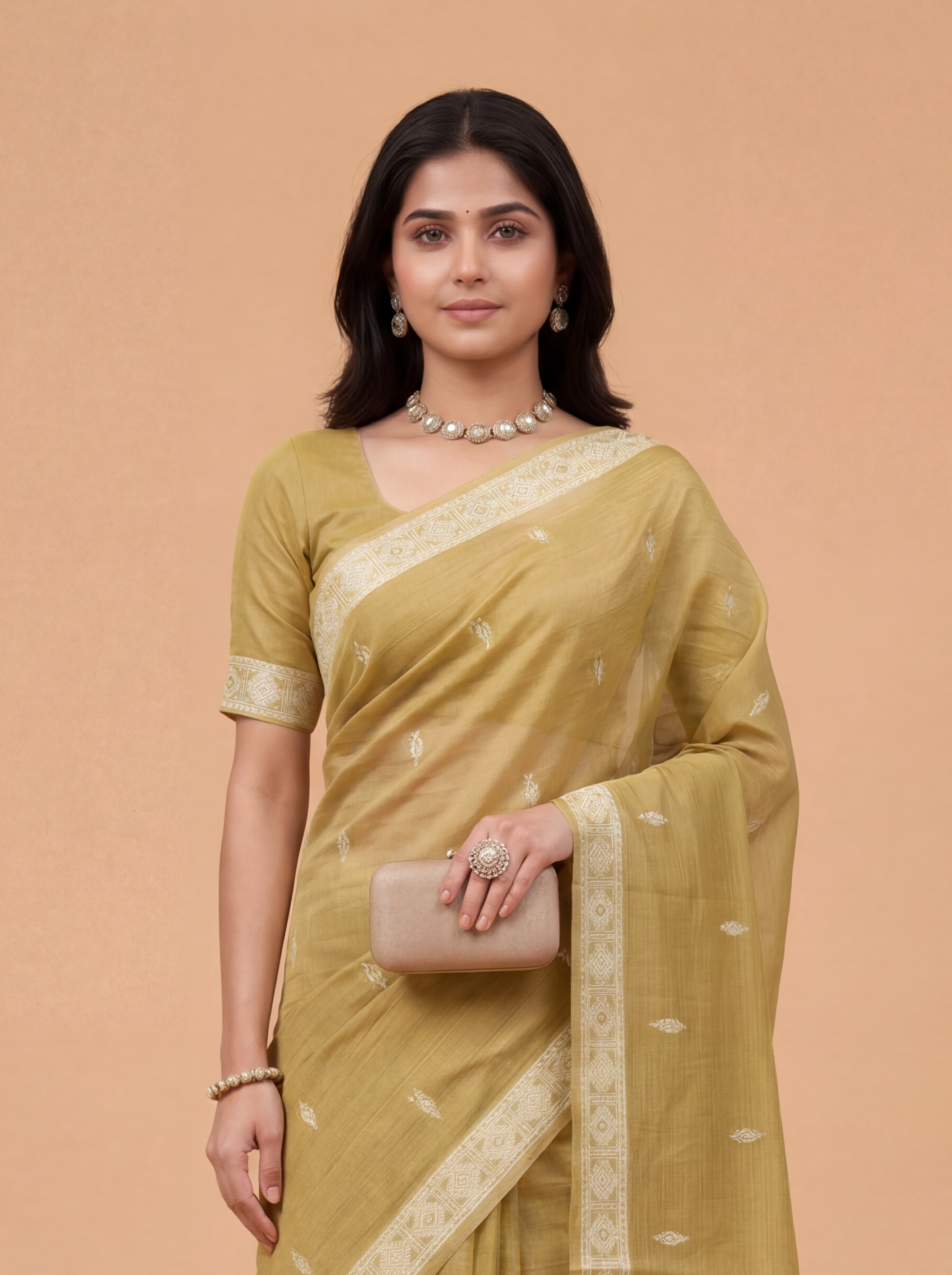 Women Mustard Spun Poly Saree SP01