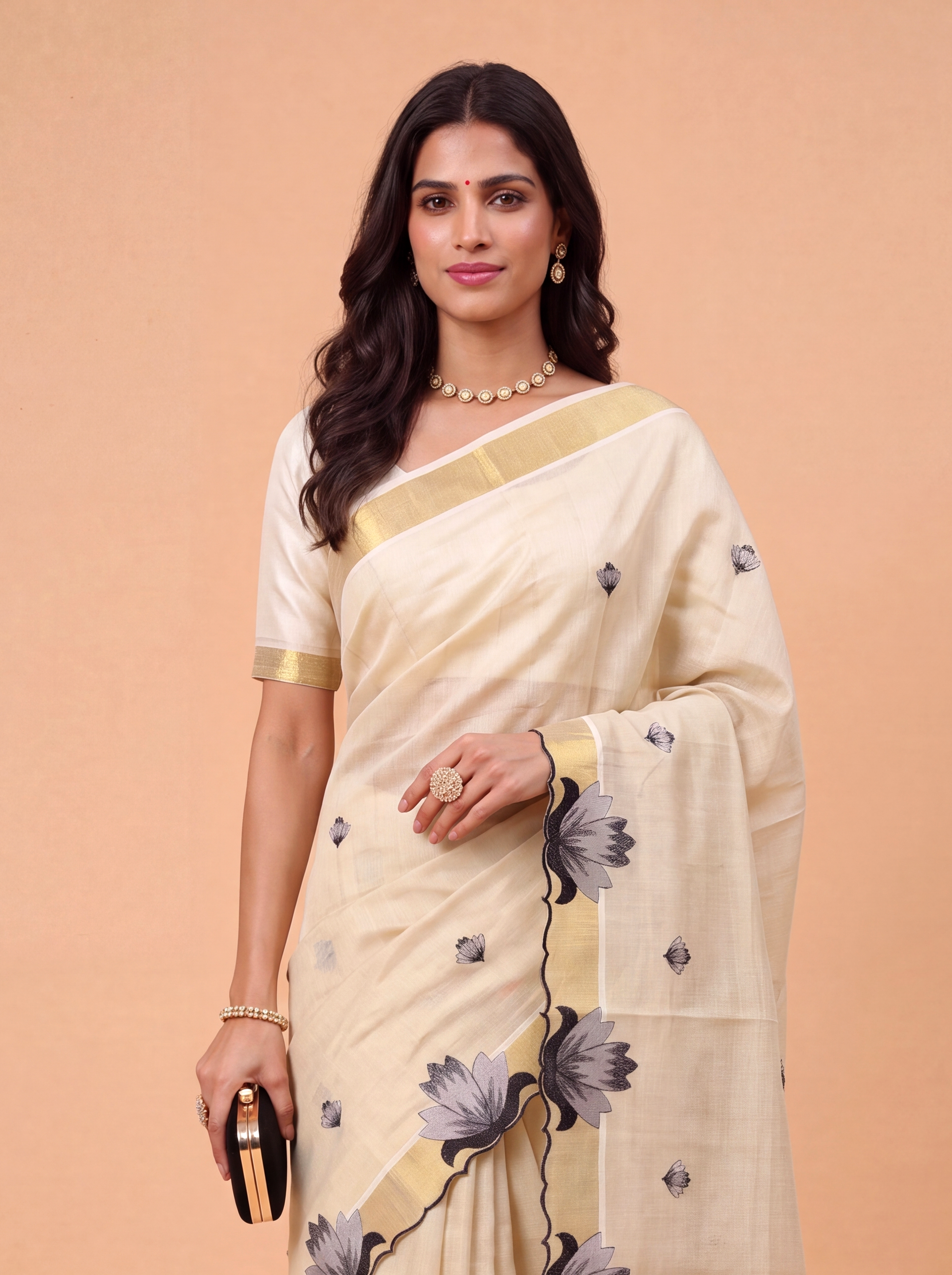 Women Tissue Embroidered with Flower Scallop Work Saree KLS46