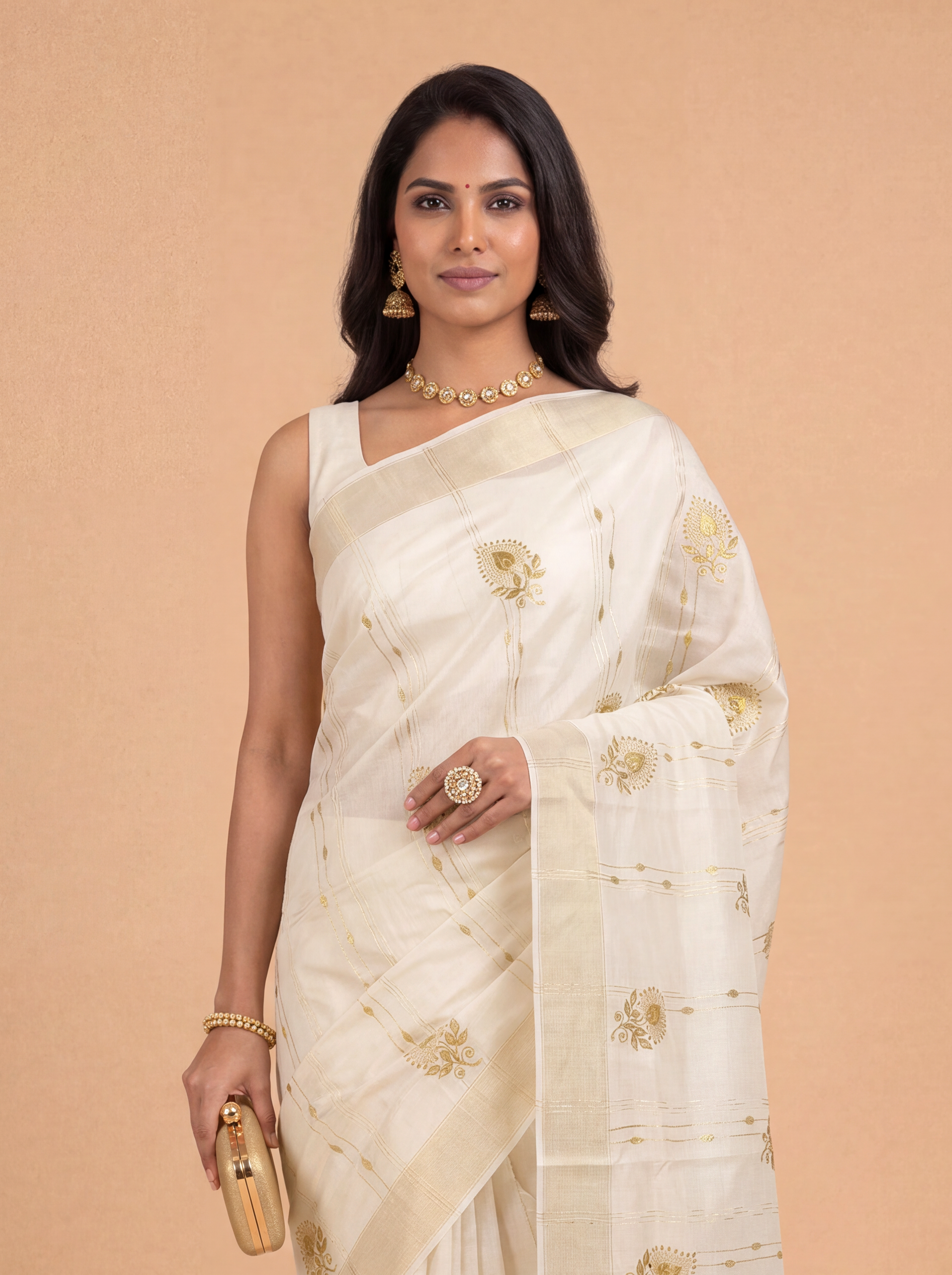Women Kora Cotton Cream Kerala Saree with Gold Jari KLS50
