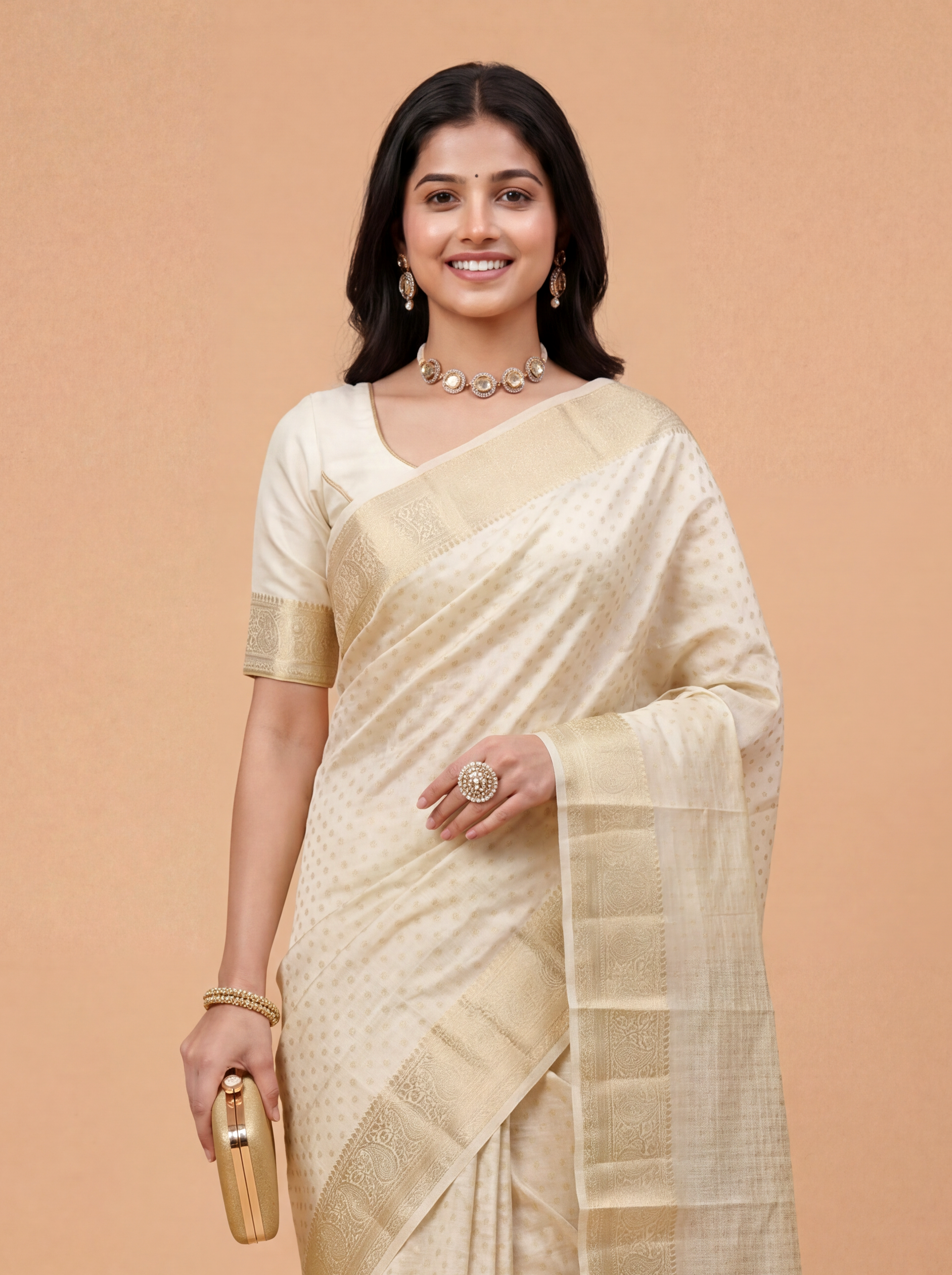 Women Semi Raw Silk Off White Saree SRS123