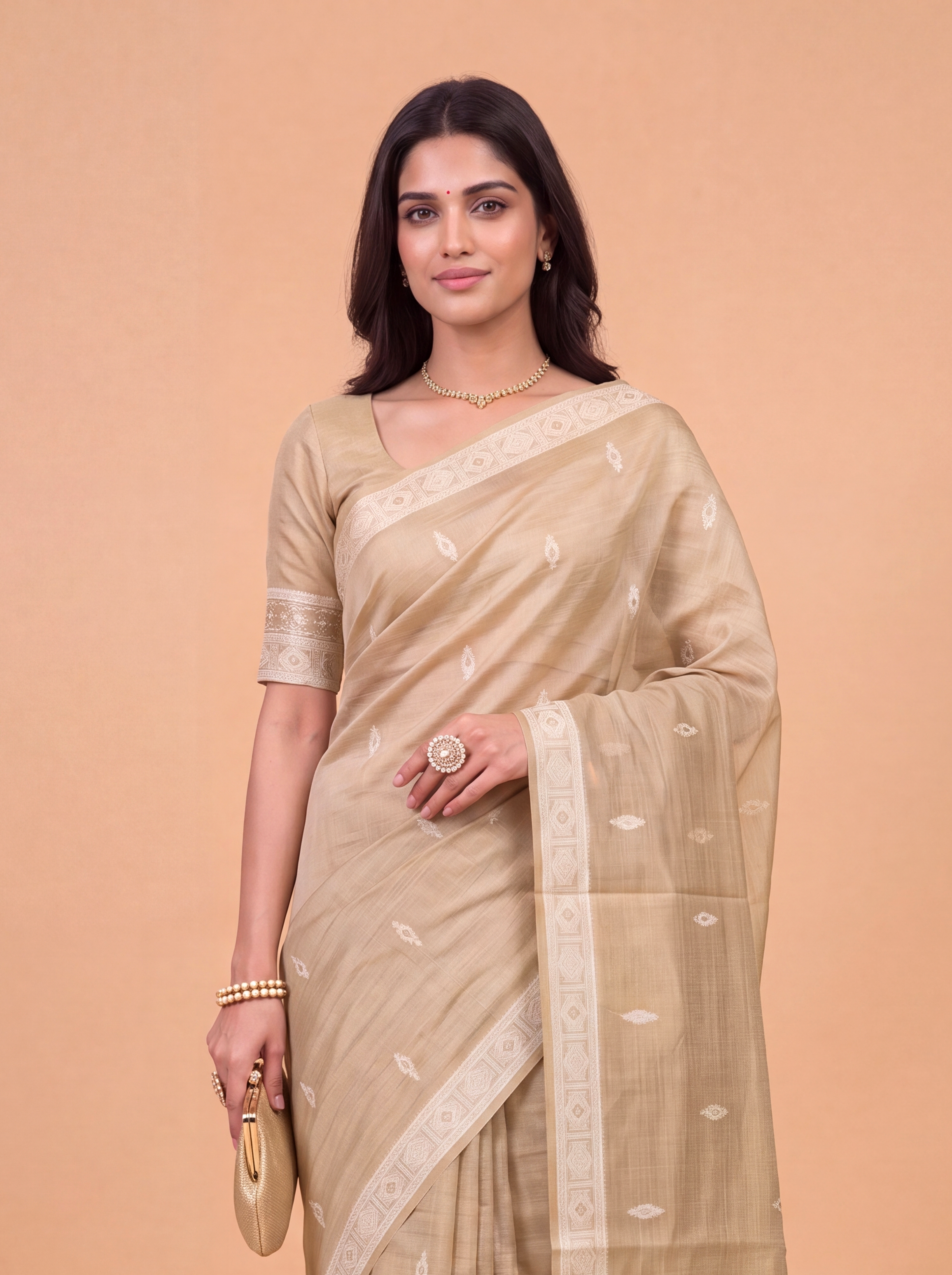 Women Light Brown Spun Poly Saree SP02