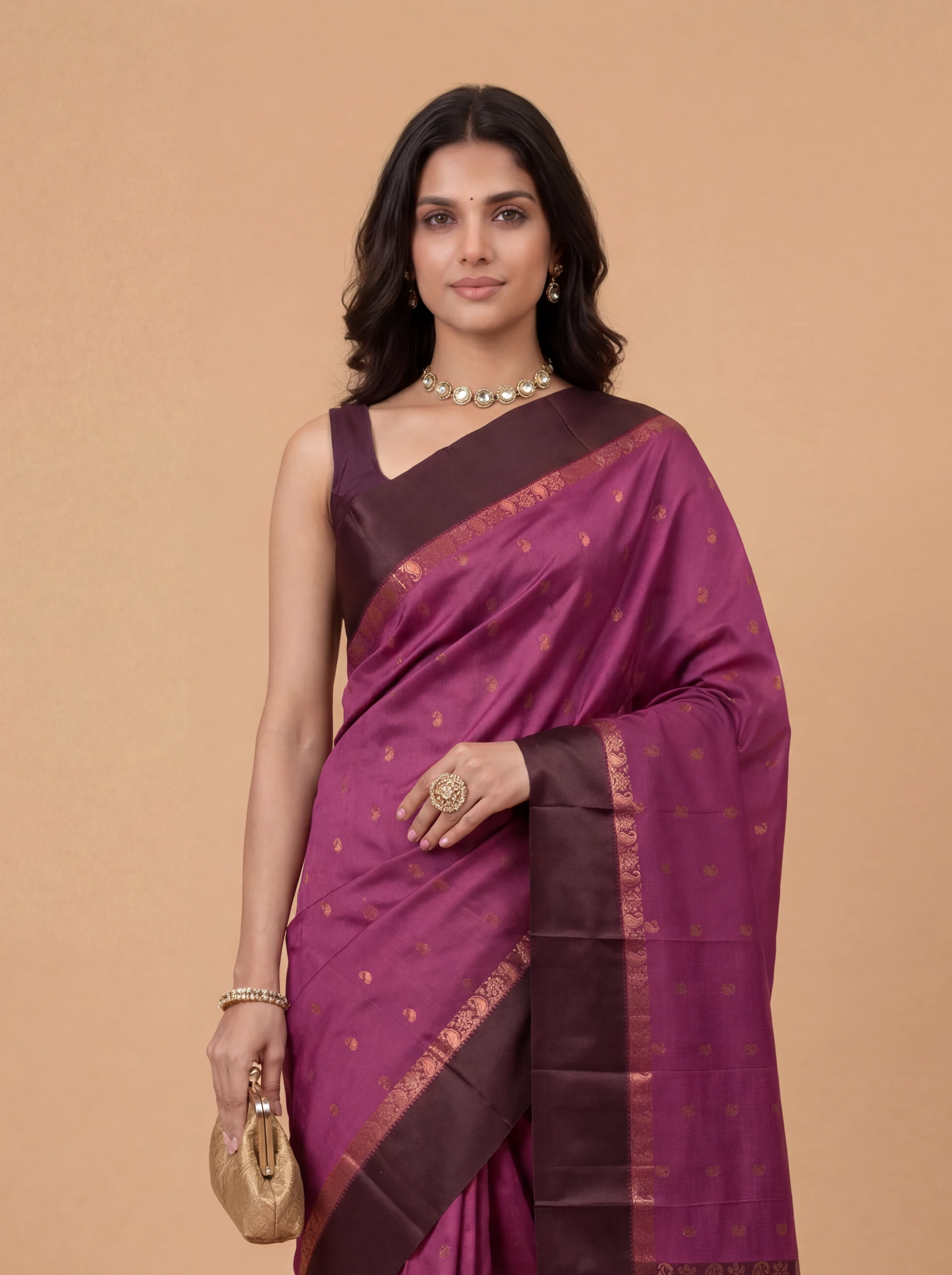 Women Art Silk Dark Pink with Brown Saree ASS144