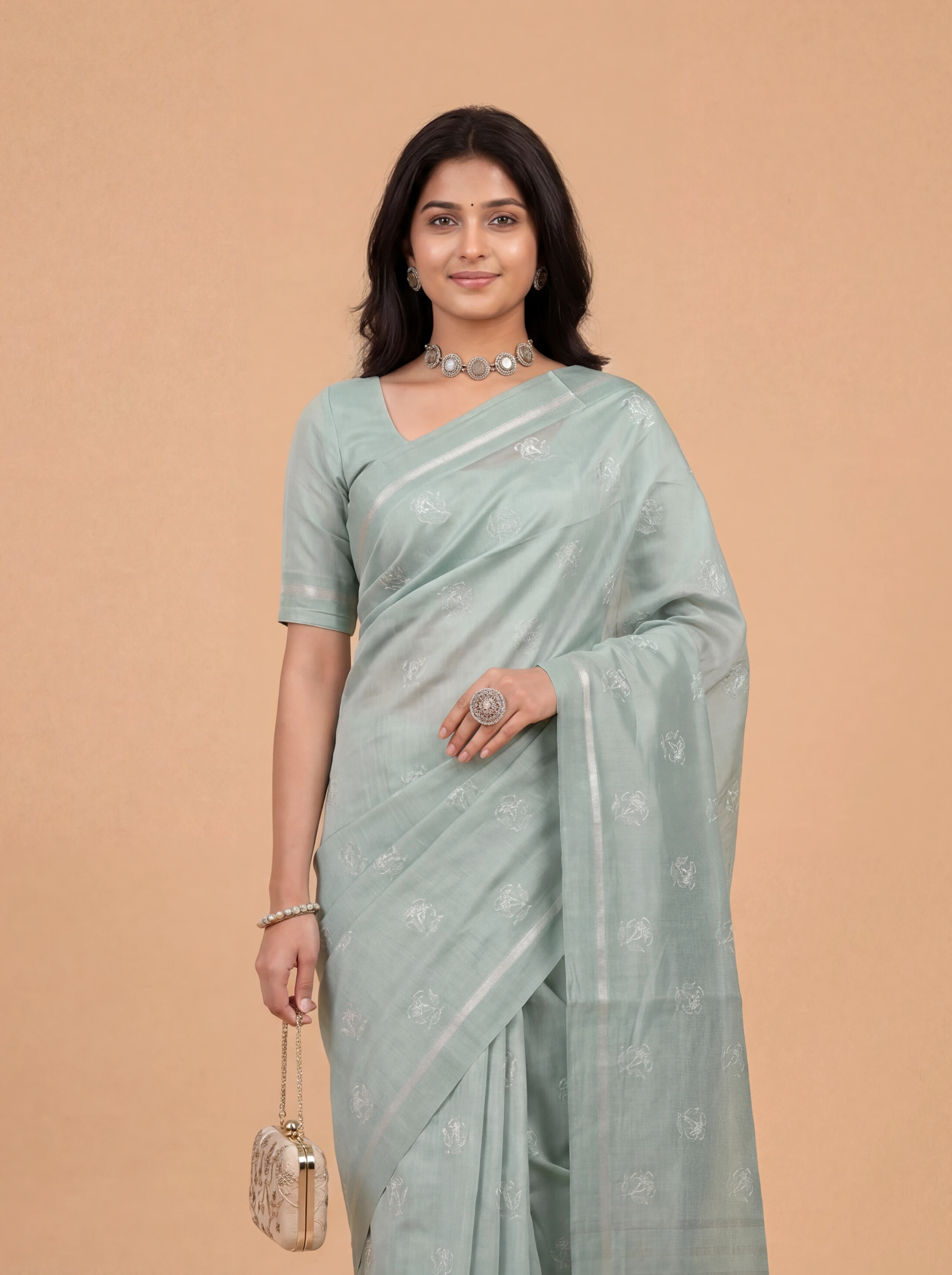 Women Semi Tussar Embroidered Mint Green Saree ST353