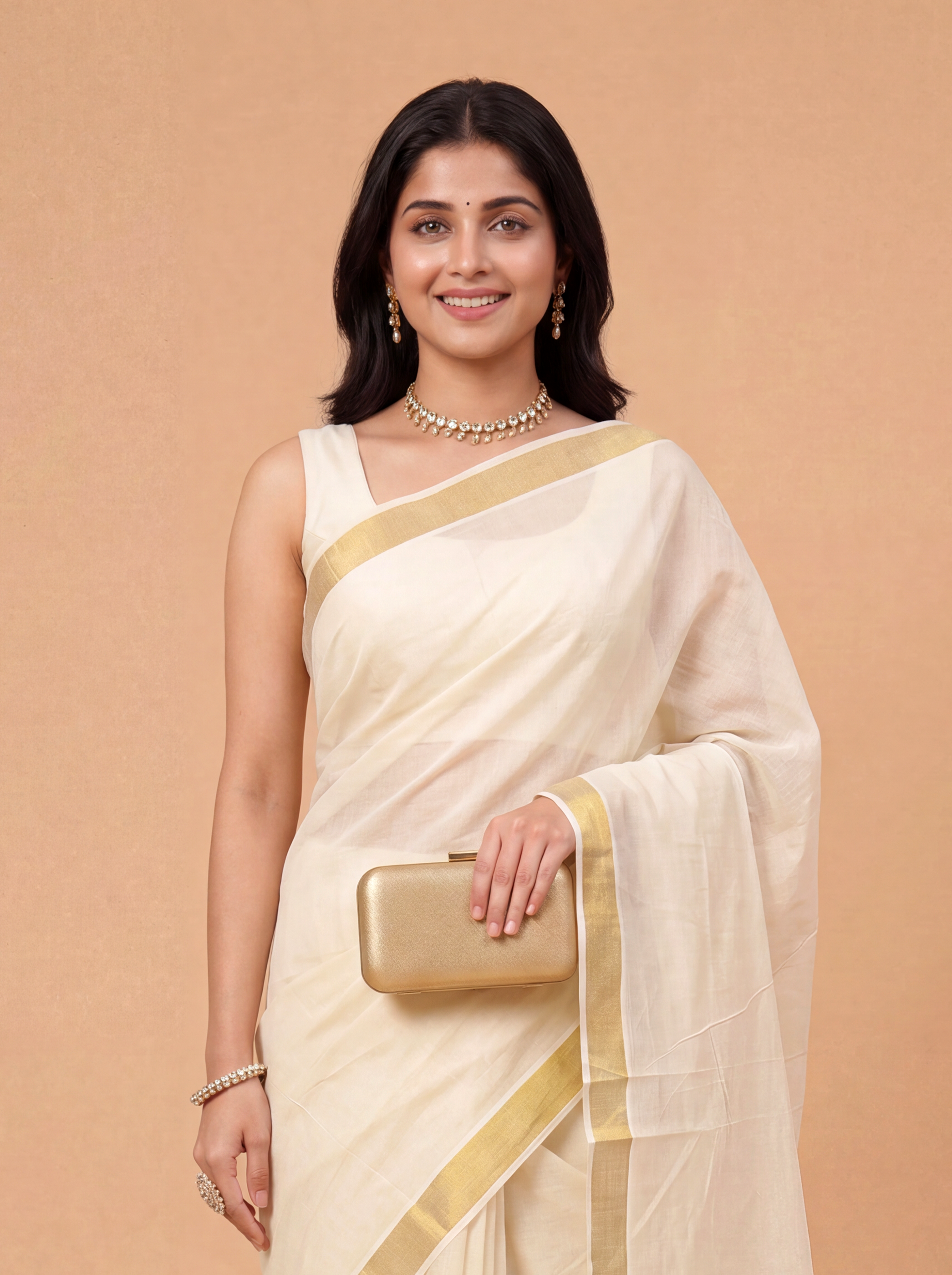 Women Kora Cotton Cream Kerala Saree with Gold Jari KLS34