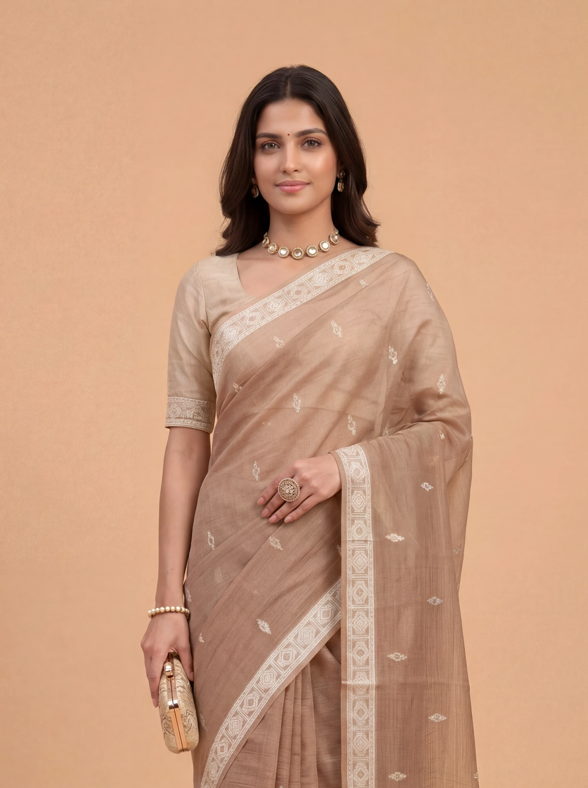 Women Dark Peach Spun Poly Saree SP03