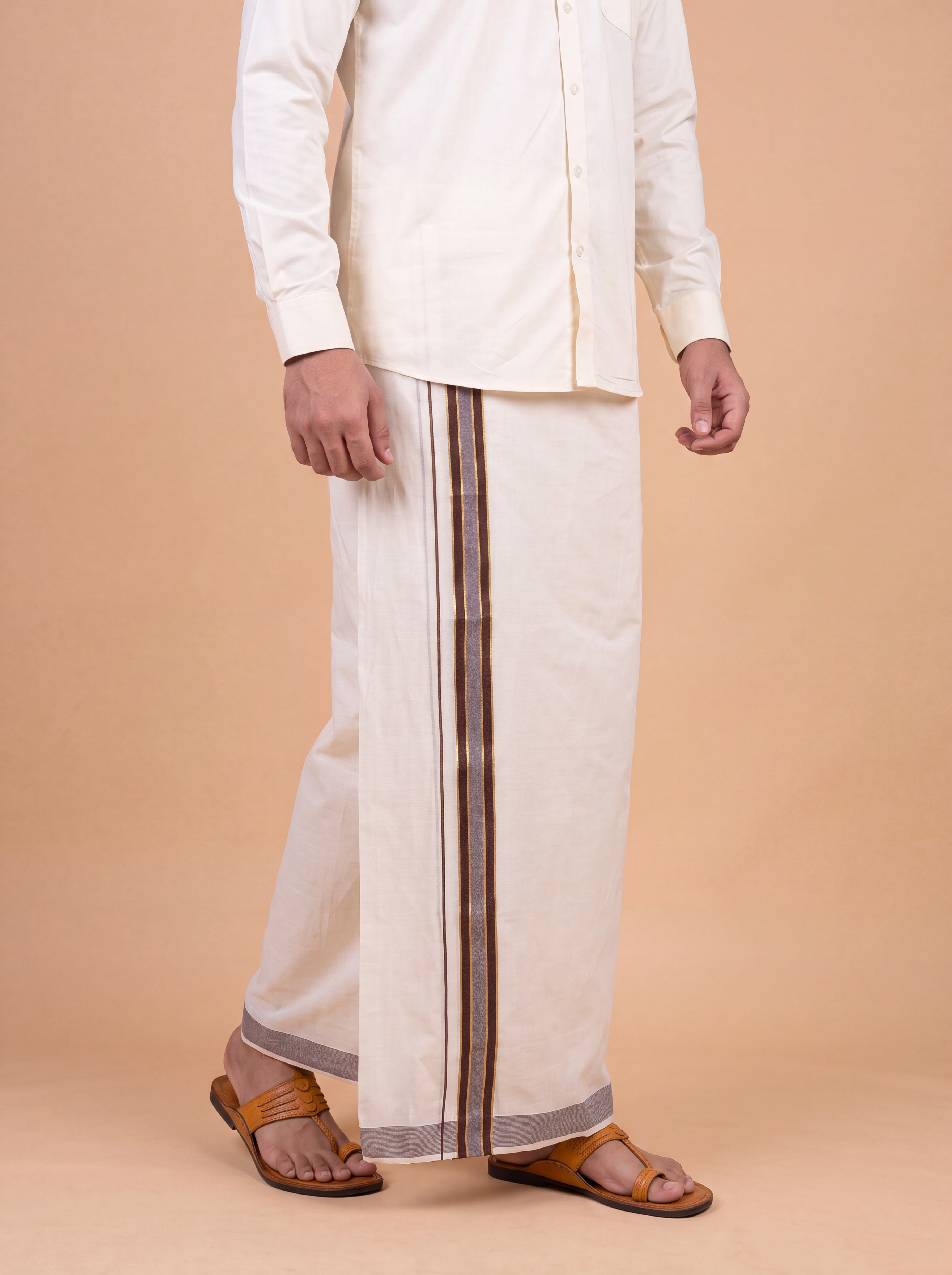 Double Layer Kora Cotton Cream Dhoti with Colour Jari Border - Excel 3.9m EGJ01