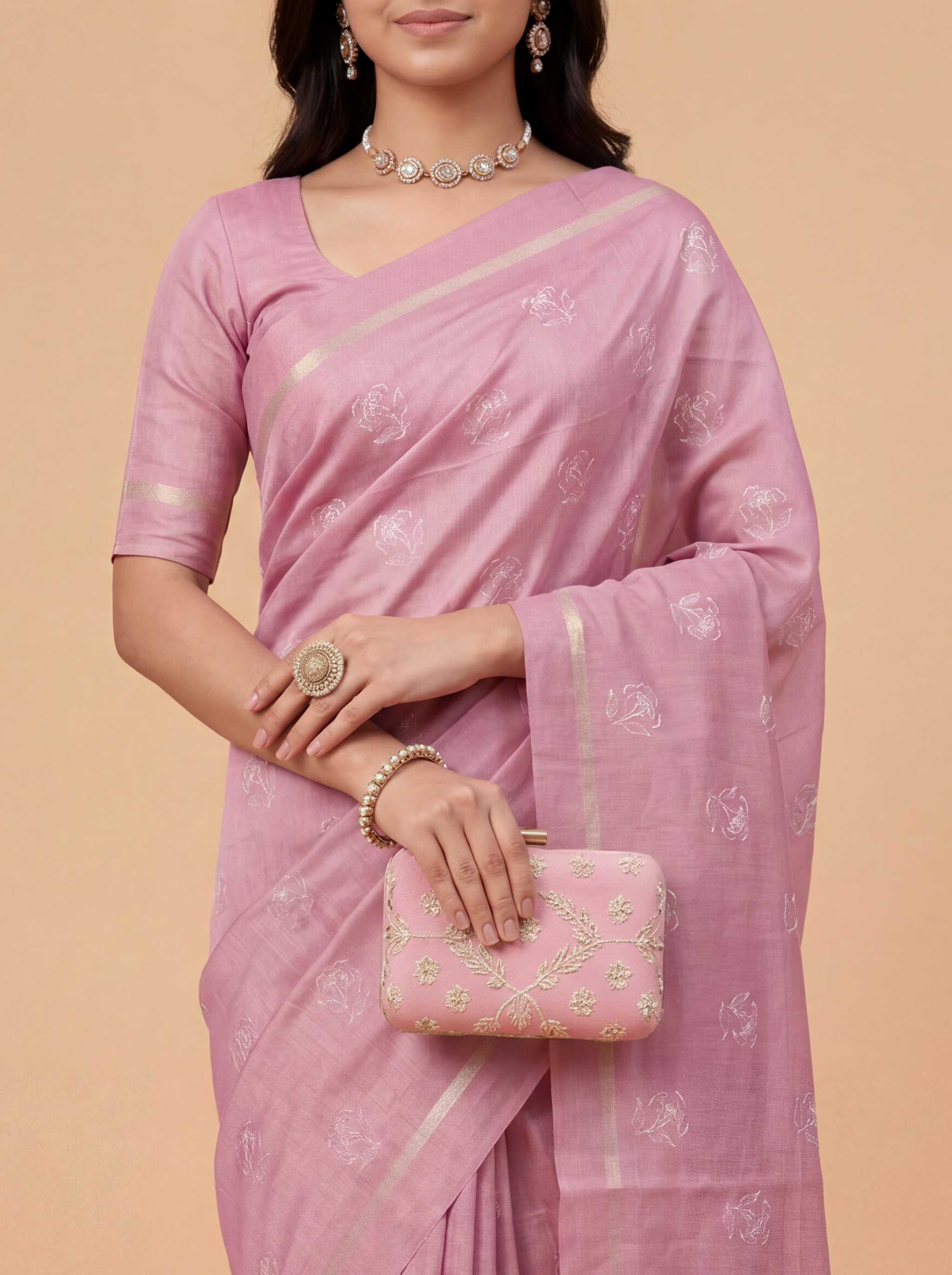 Women Semi Tussar Embroidered Pink Saree ST349