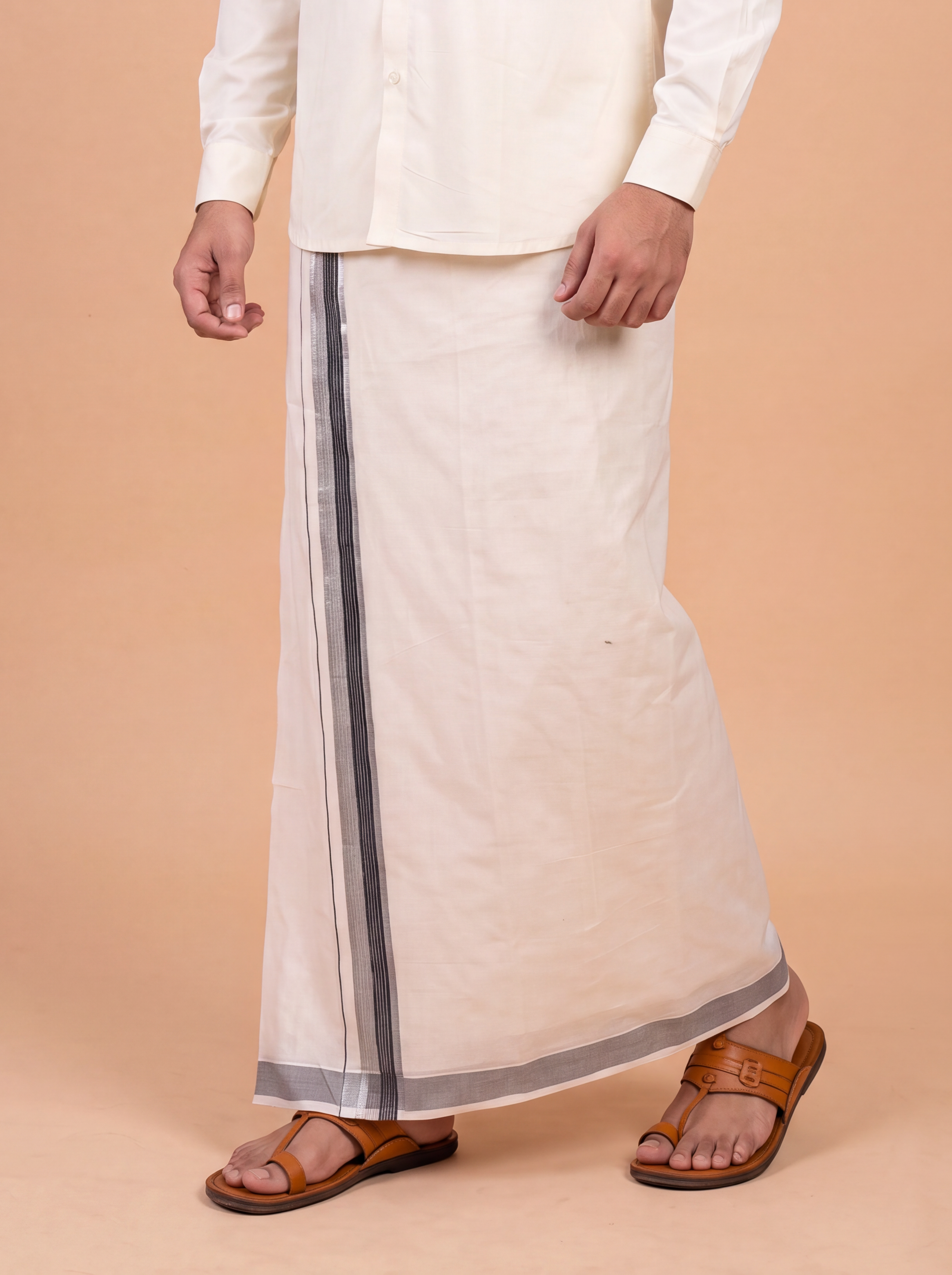 Double Layer Kora Cotton Cream Dhoti with Colour Border - Environ Fancy EF01 4m