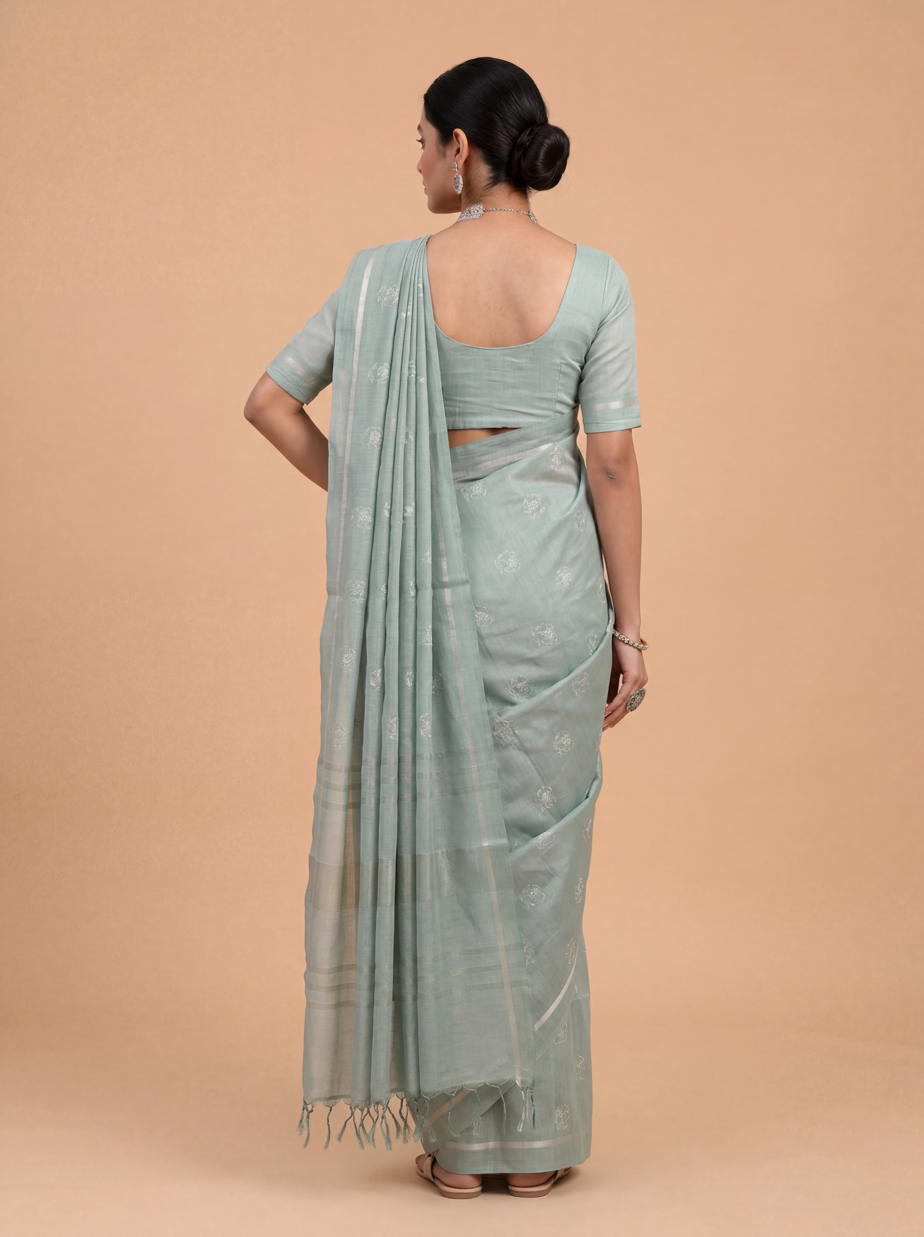 Women Semi Tussar Embroidered Mint Green Saree ST353