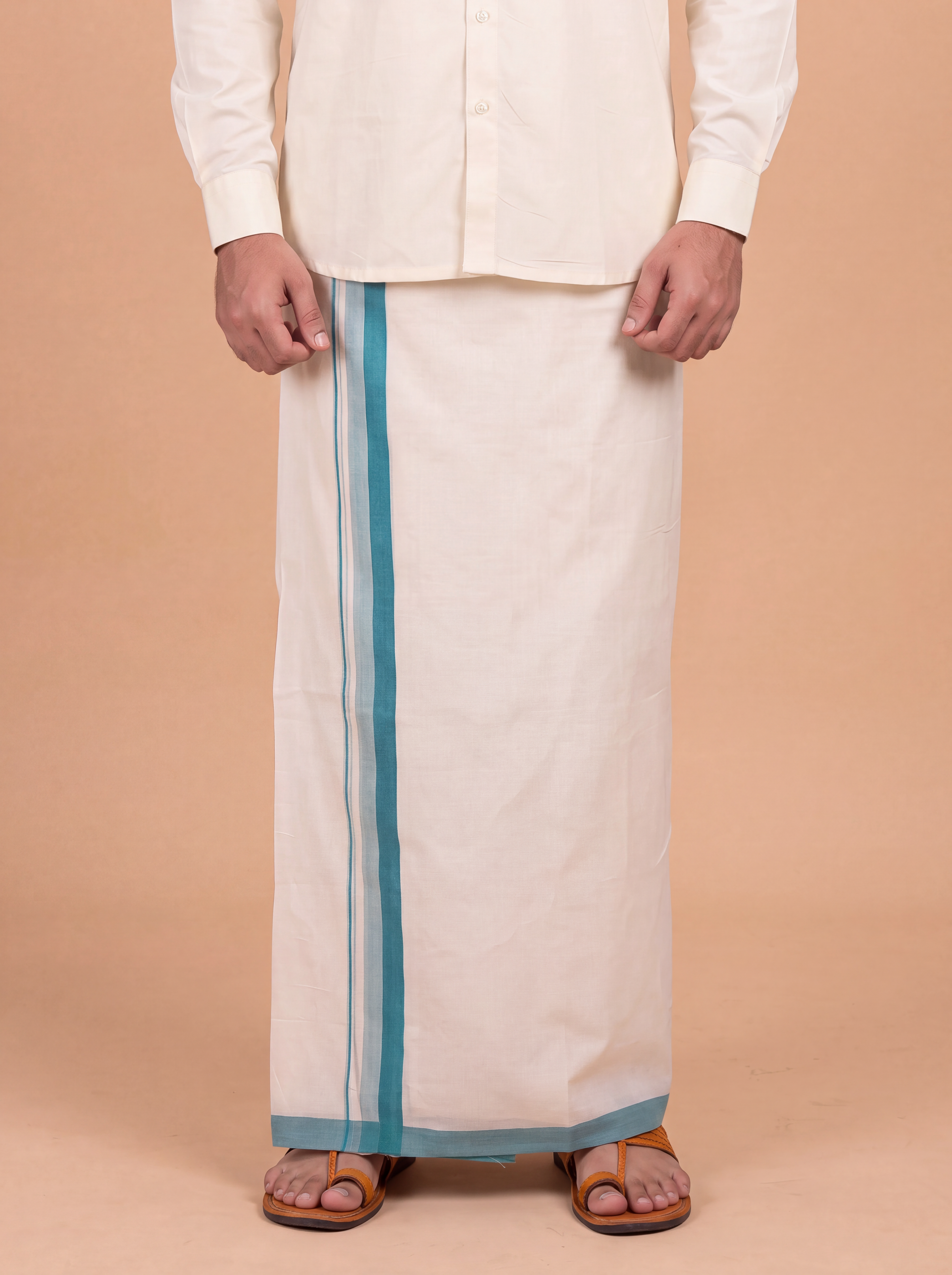 Double Layer Kora Cotton Cream Dhoti with Colour Border - Rivan Fancy RF02 3.80m
