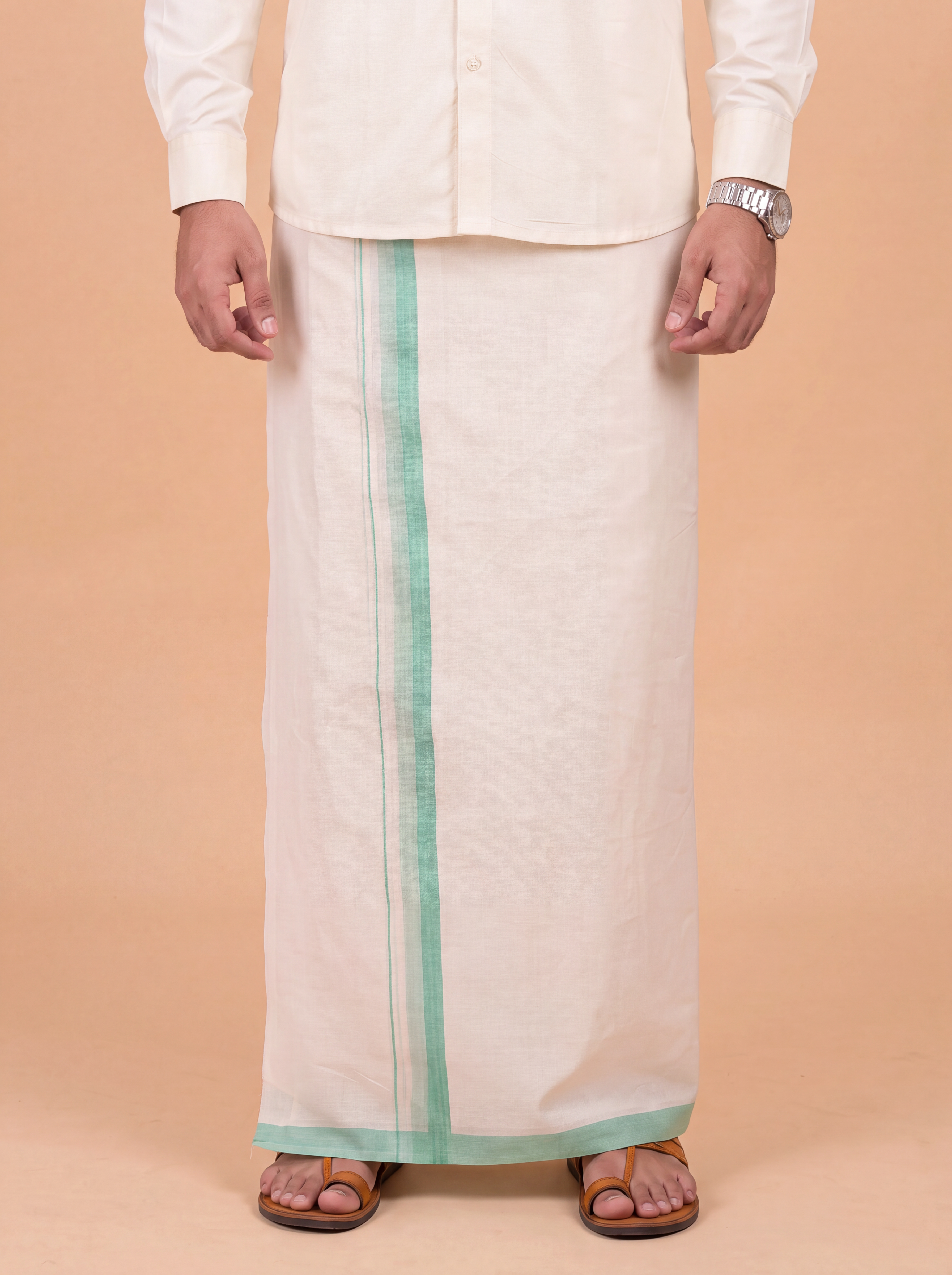 Double Layer Kora Cotton Cream Dhoti with Colour Border - Rivan Fancy RF01 3.80m