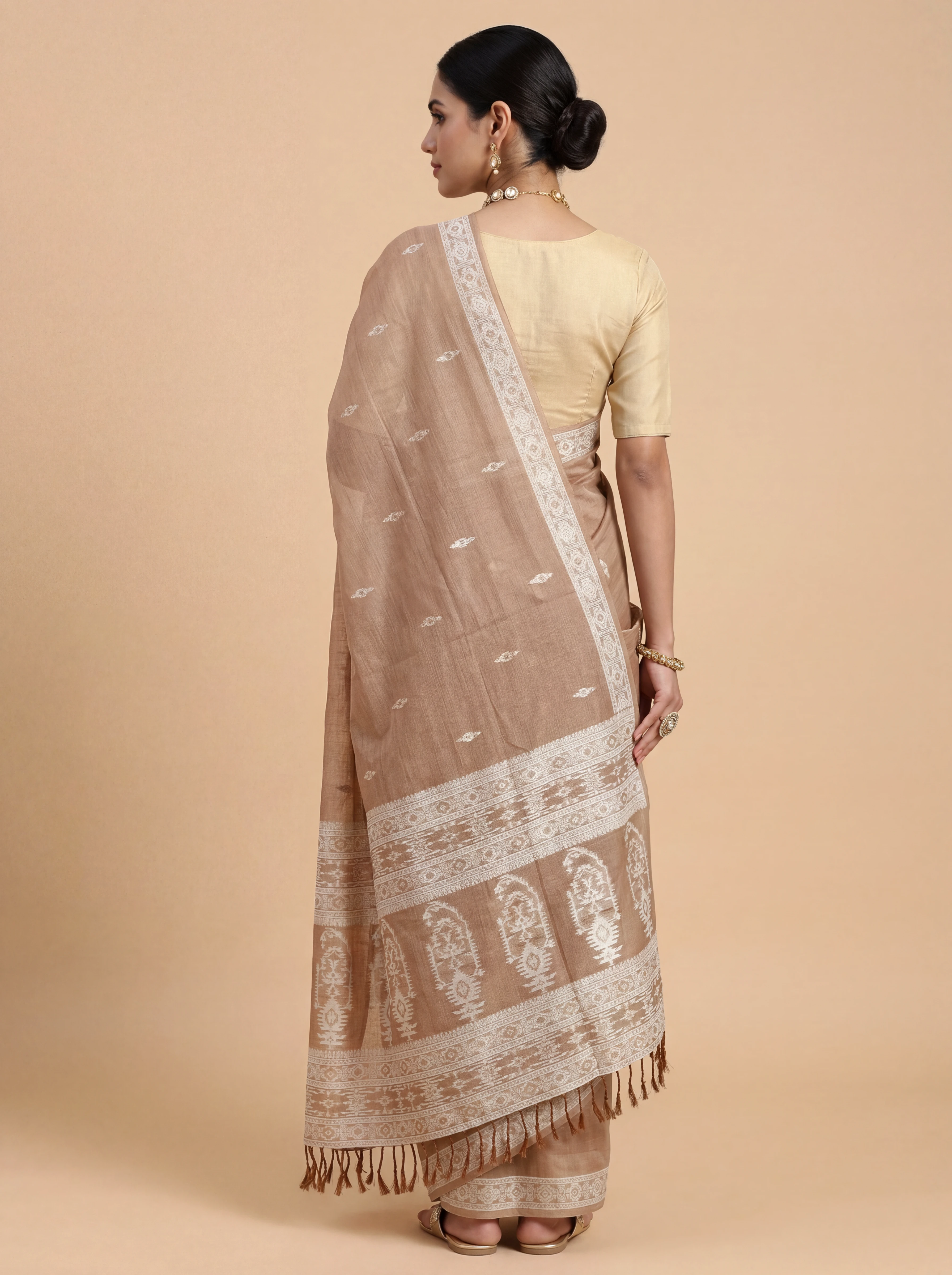 Women Dark Peach Spun Poly Saree SP03