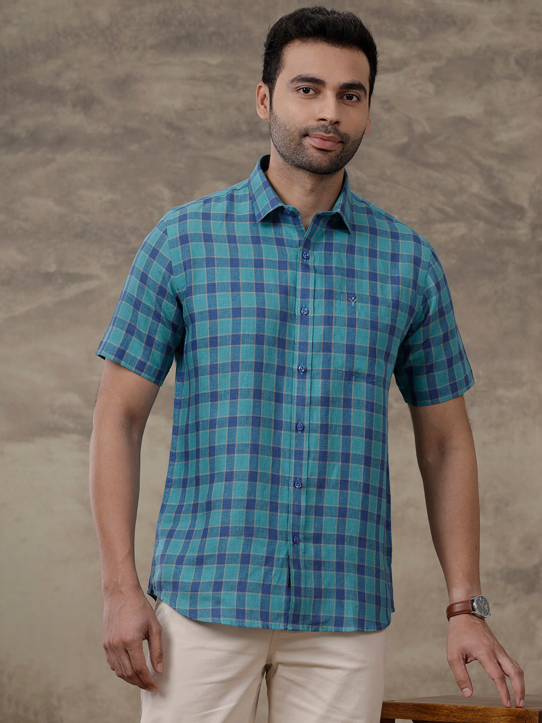 Men Pure Linen Checked Shirt Blue LS58
