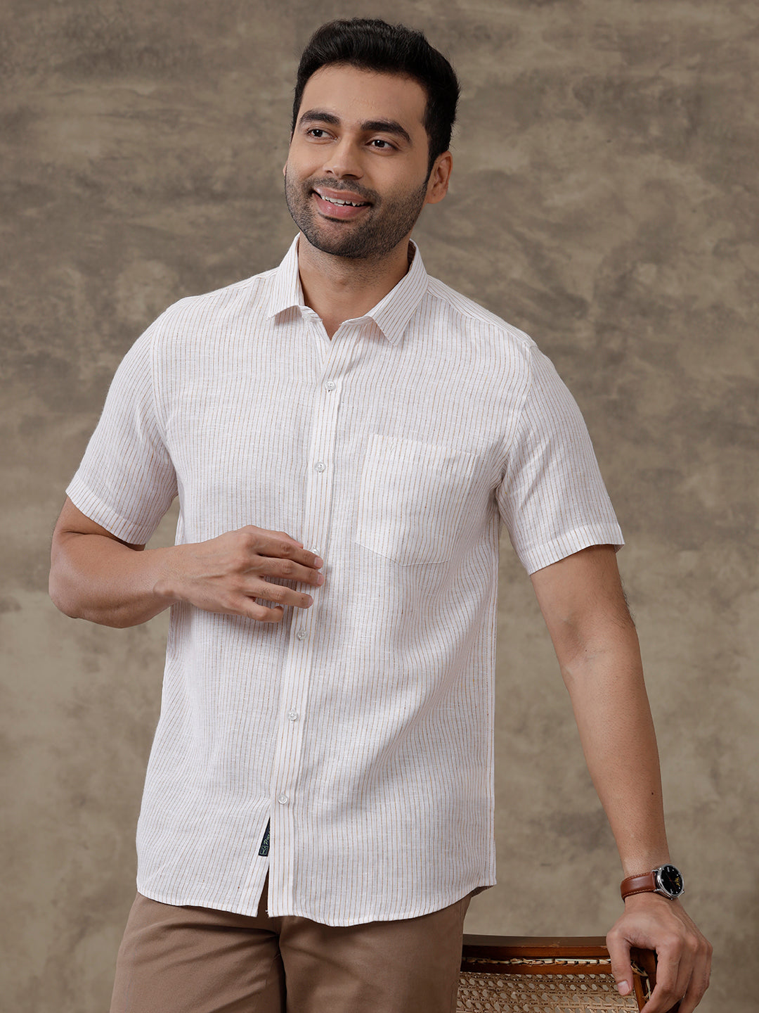 Men Pure Linen Striped Shirt White LS60