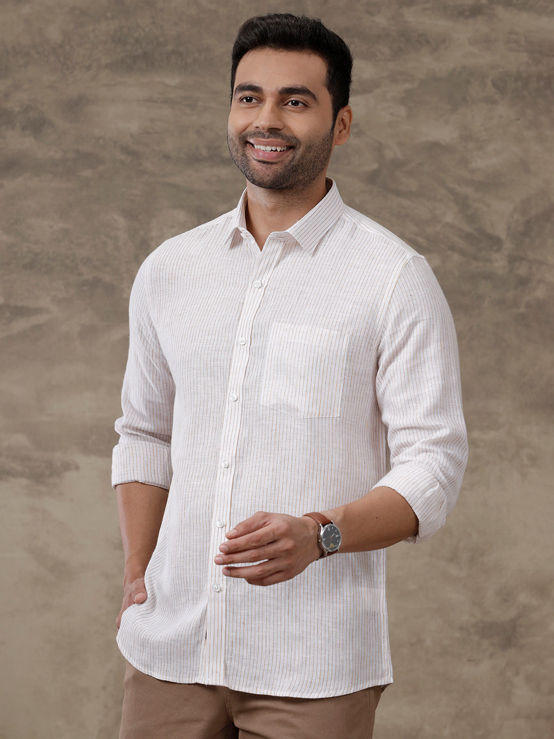 Men Pure Linen Striped Shirt White LS60