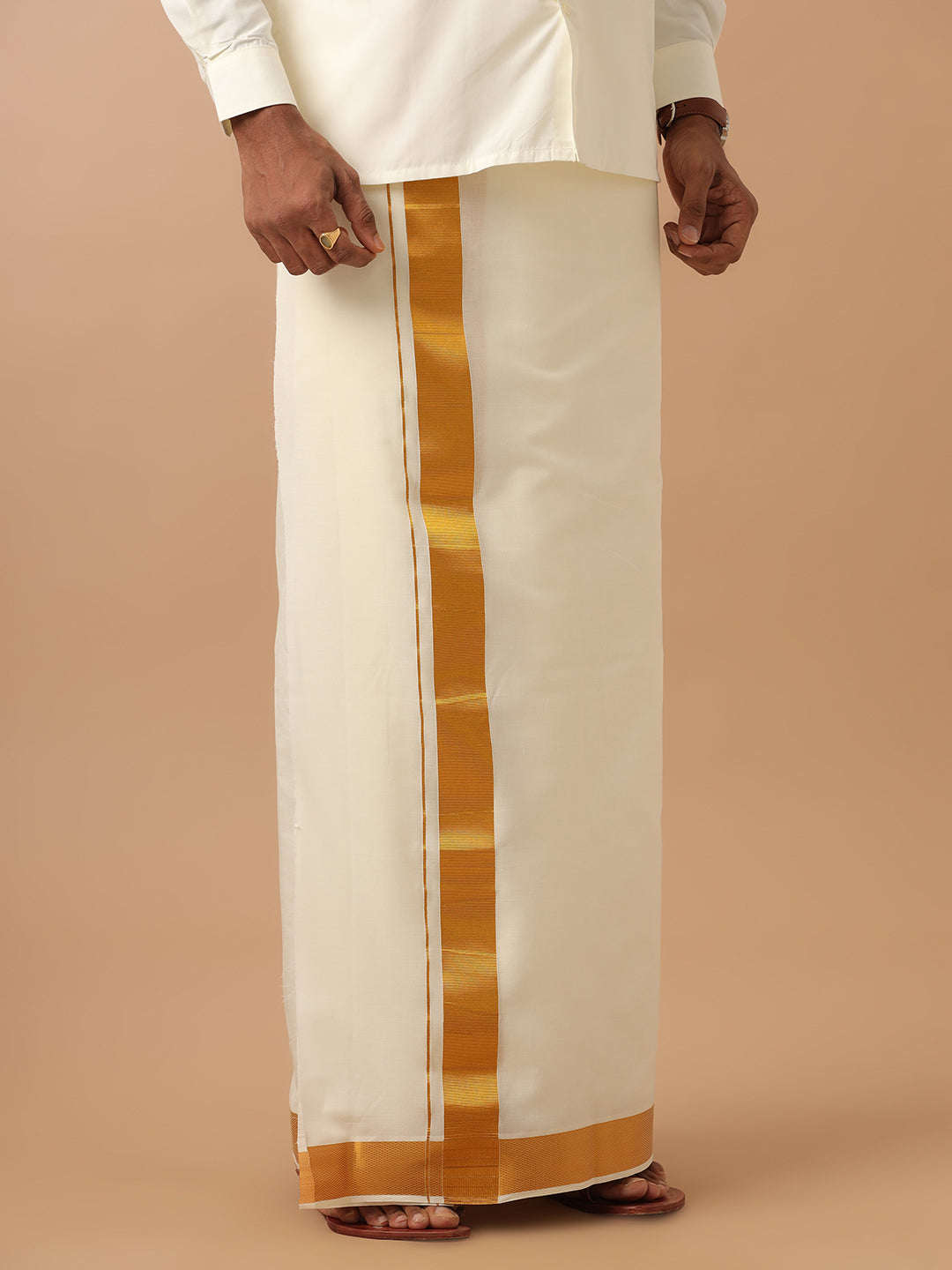 Men Cotton Blend Double Layer Cream Dhoti with 2" Jari Border Gold Fine Pet