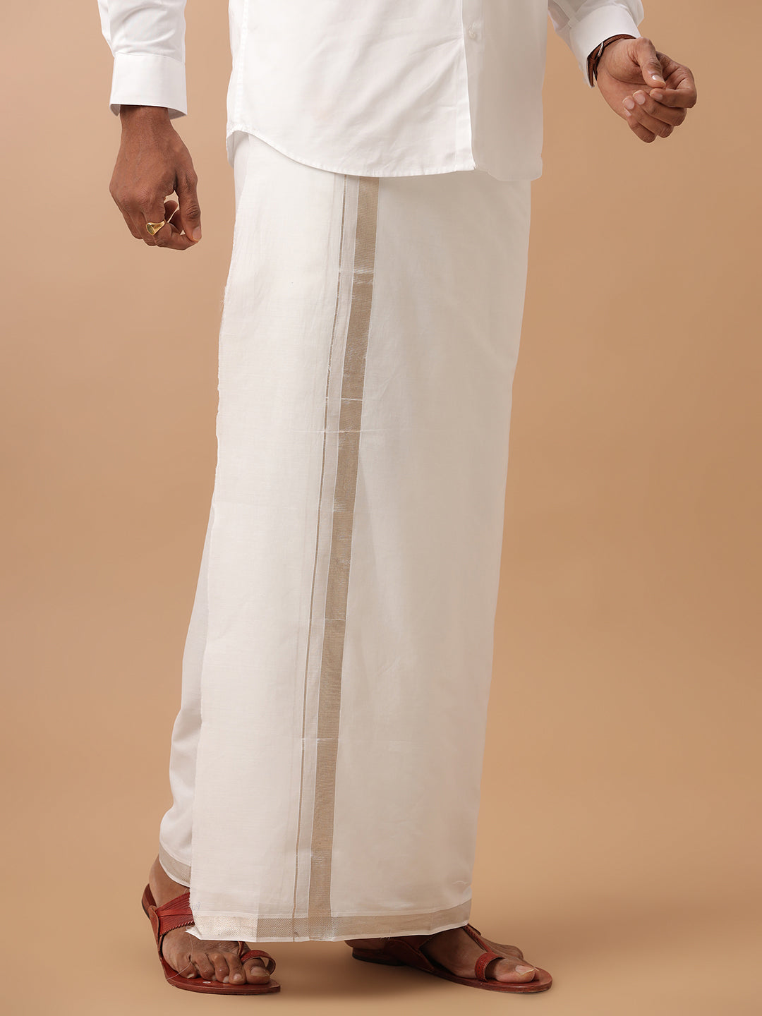 Men 100% Cotton Double Layer White Dhoti with 1"Jari Border Silver Cotton