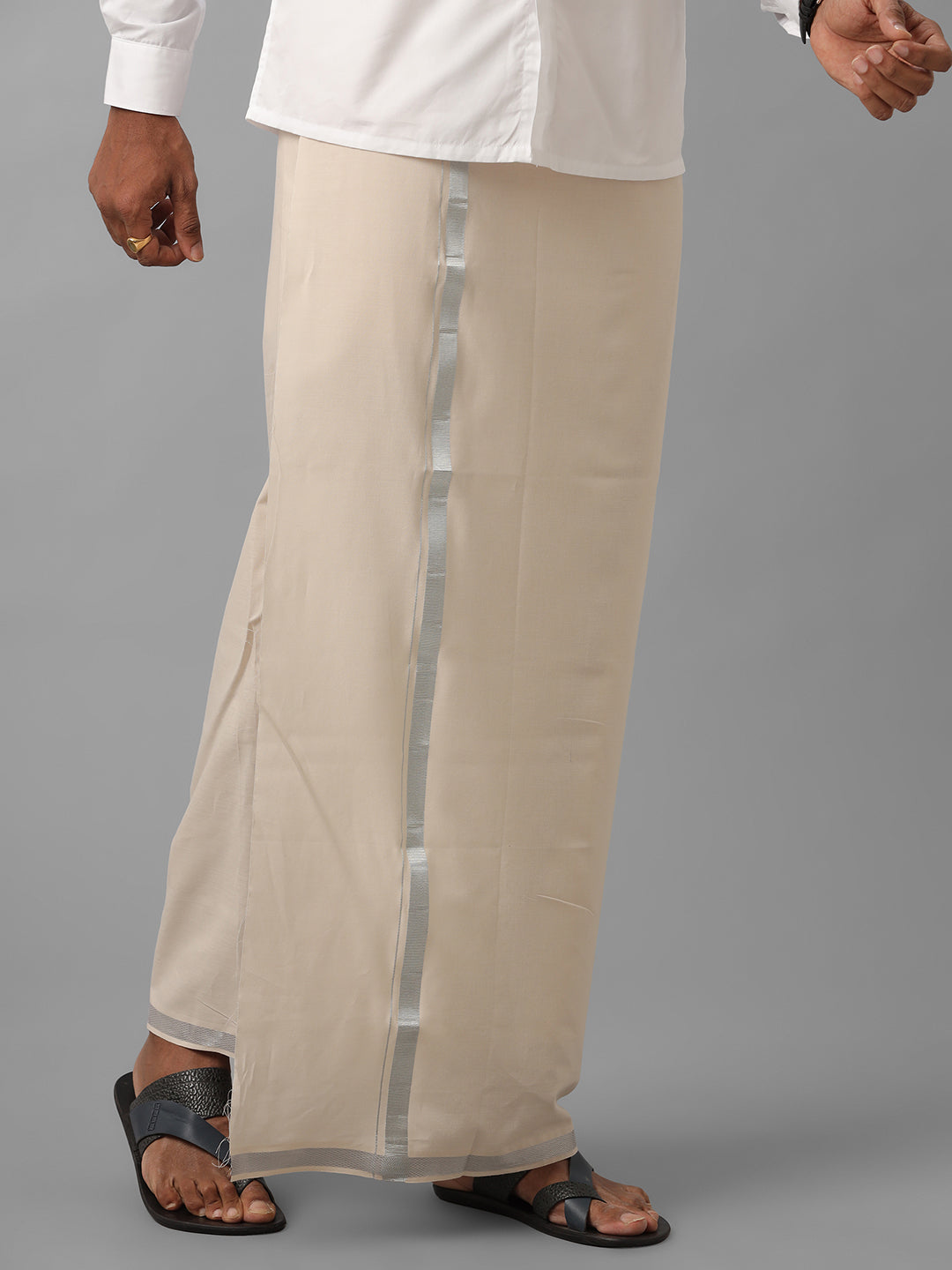 Men Cotton Blend Single Layer Sandal Dhoti with Silver Jari Border