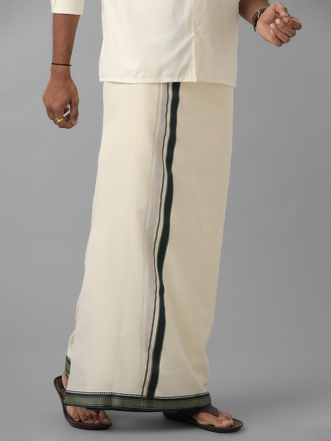 Men Kora Cotton Double Layer Cream Dhoti with Fancy Border Golden Eye