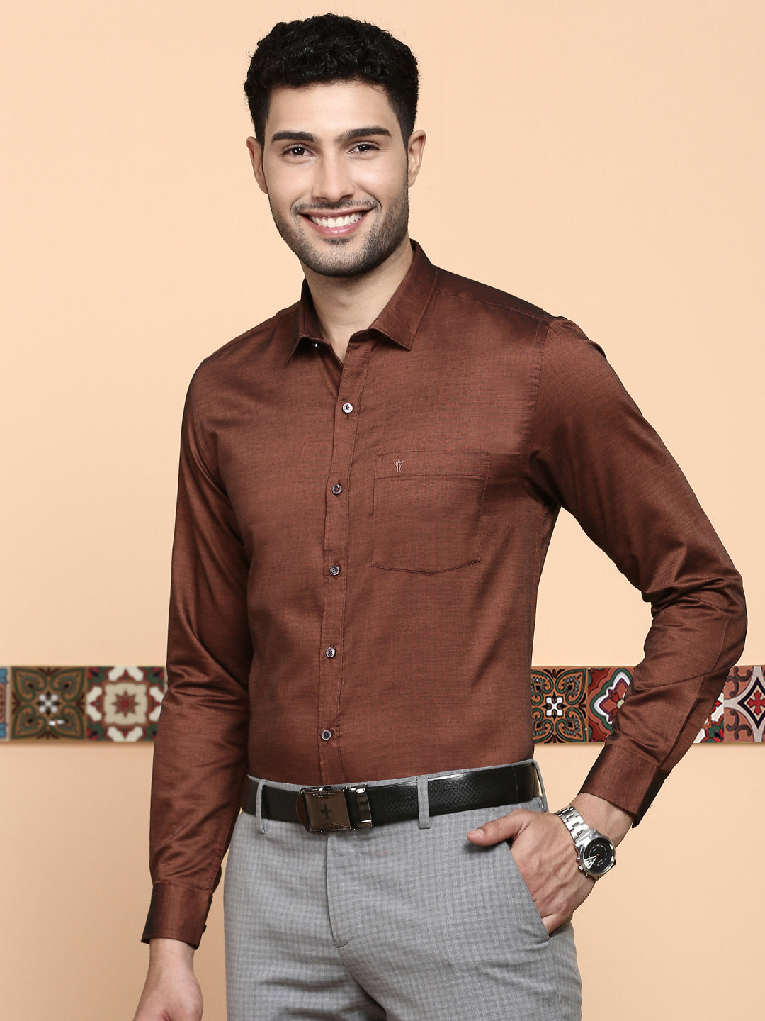 Men Premium Cotton Full Sleeves Shirt Brown EL GP12