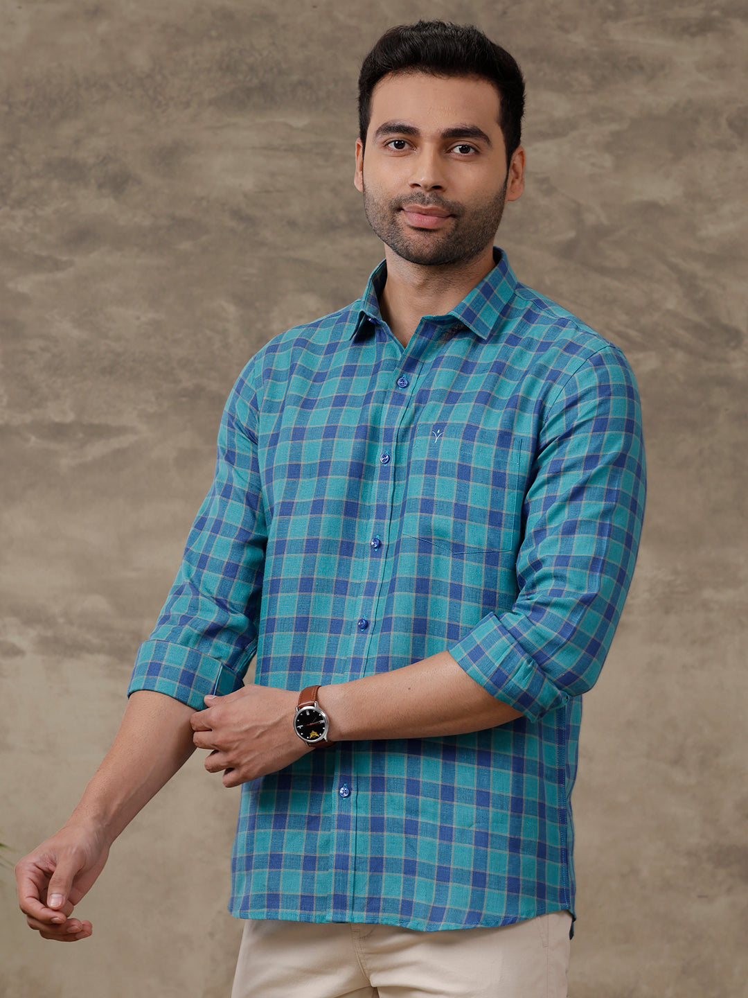 Men Pure Linen Checked Shirt Blue LS58