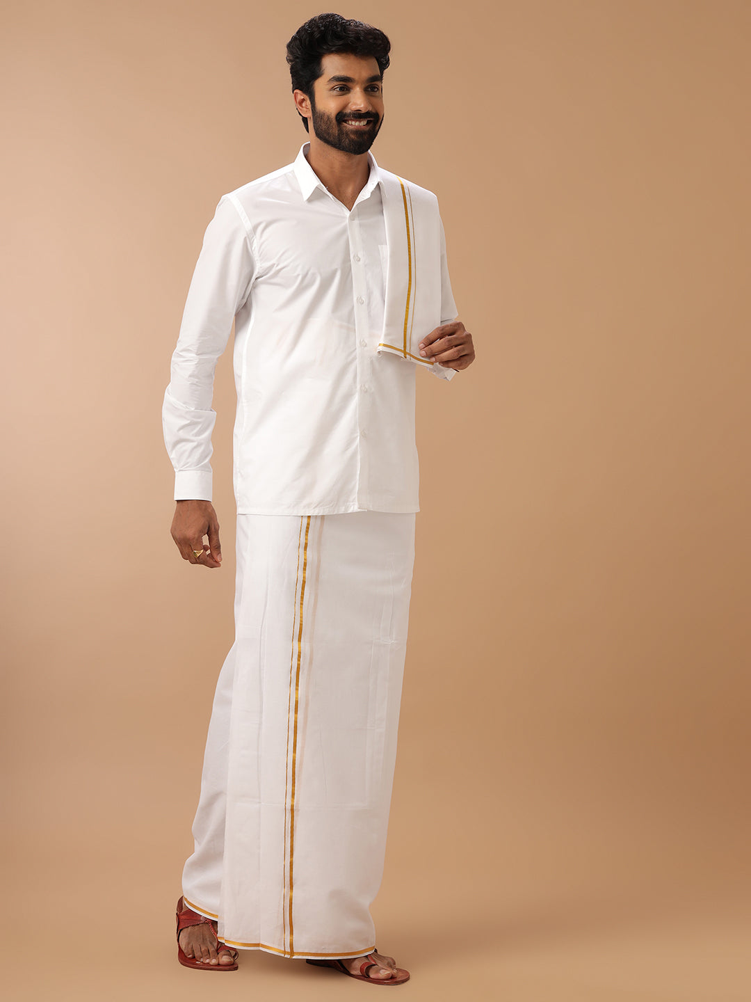 Men 100% Cotton Double Layer White Dhoti & Towel Set with Gold Jari Border Kalasadan