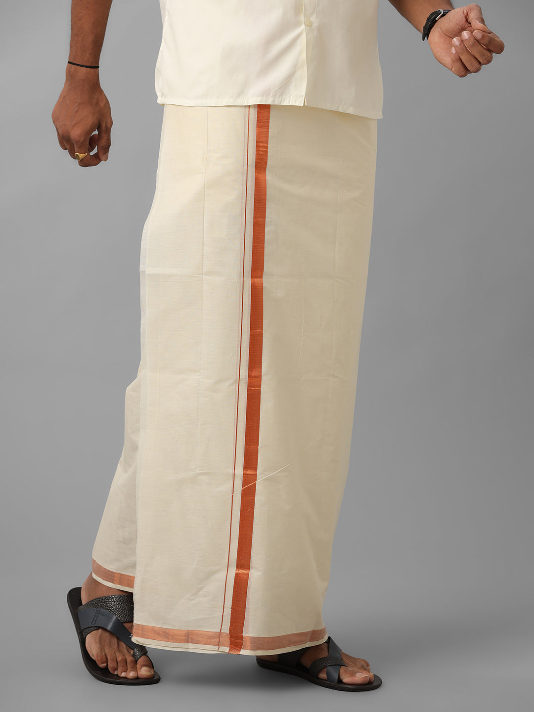 Men Kora Cotton Double Layer Dhoti with Copper Jari  Border Mangal