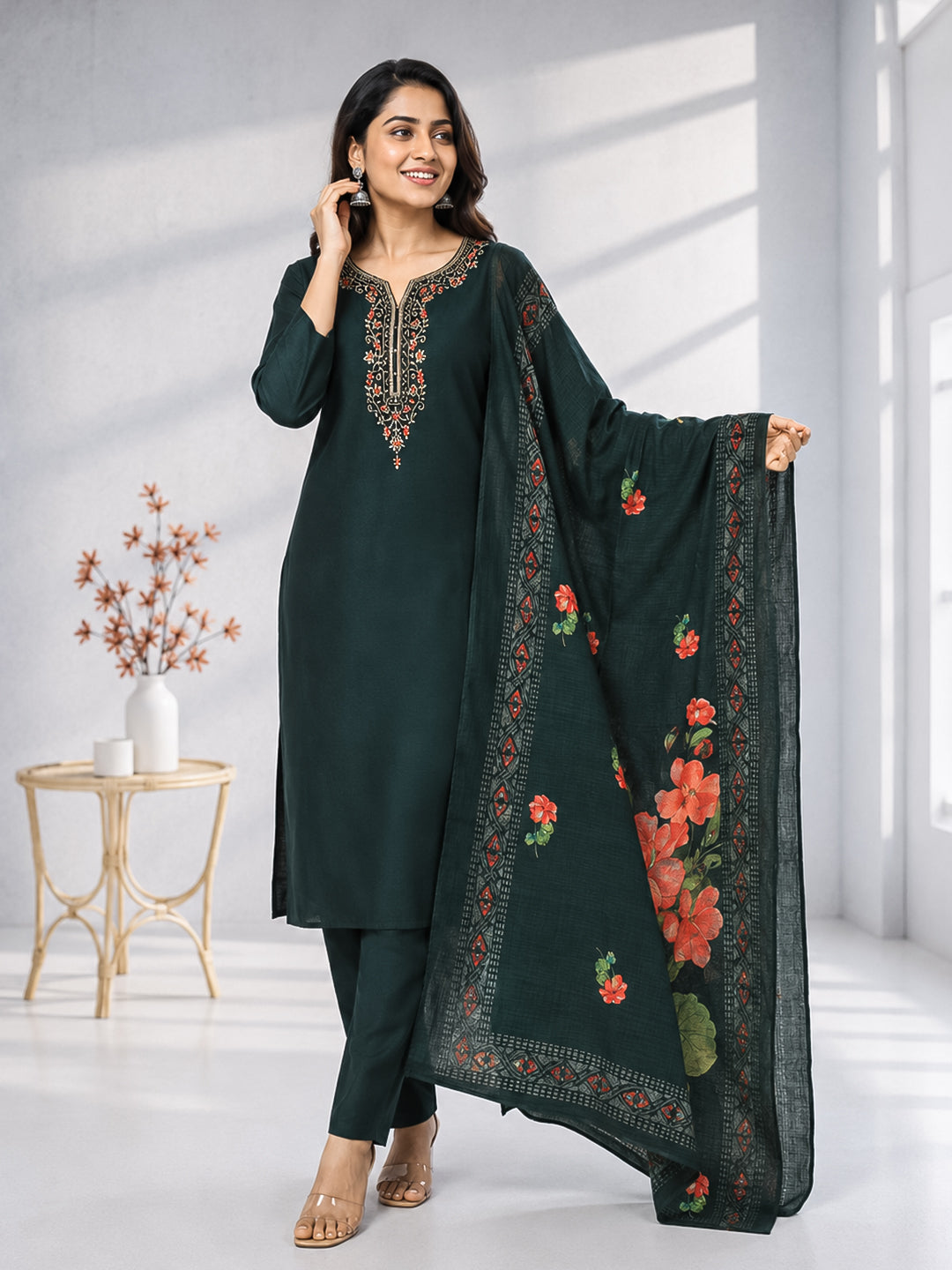 Women Silky Crush Embroidered Kurti Set Dark Green EKS92