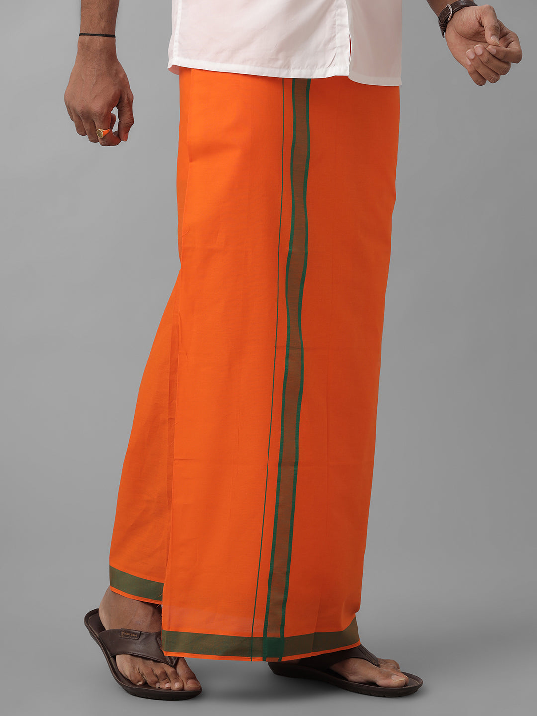 Men 100% Cotton Single Layer Orange Dhoti with Assorted Border Ahimsa