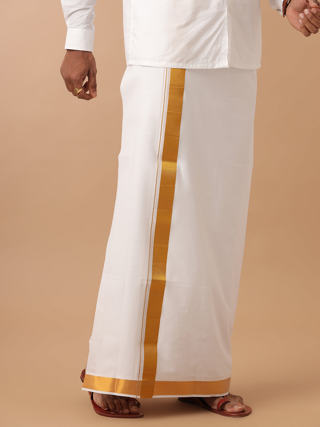 Men 100% Cotton Double Layer White Dhoti with 1 1/2" Jari Border Gold Special Pet