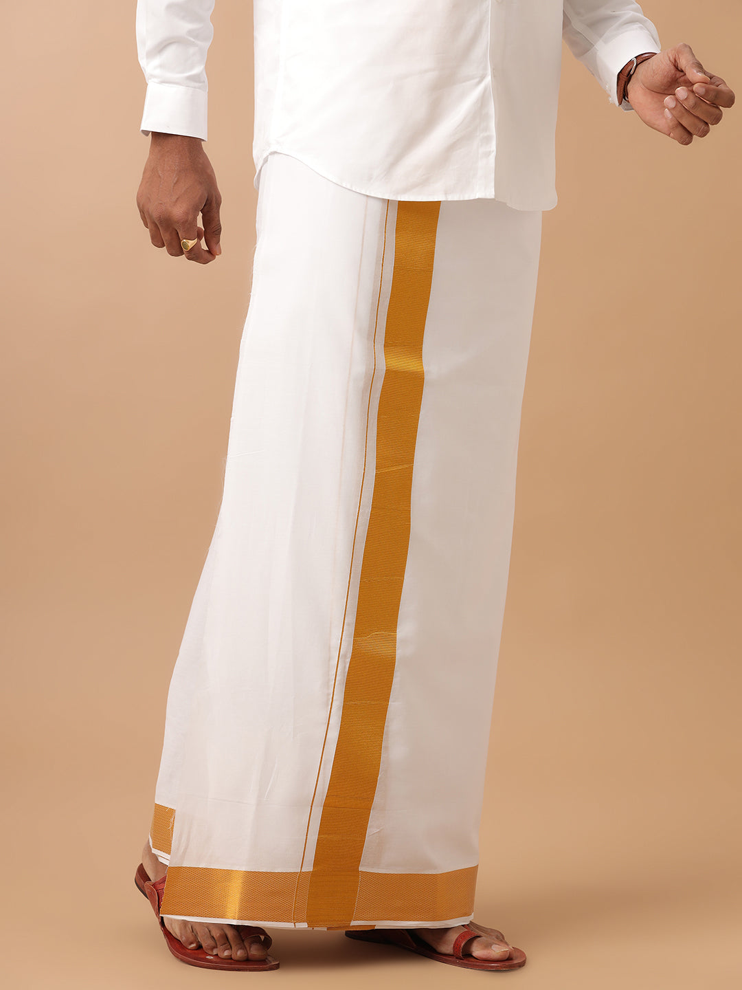 Men 100% Cotton Double Layer White Dhoti with 2 1/2" Gold Jari Border Kaviyam