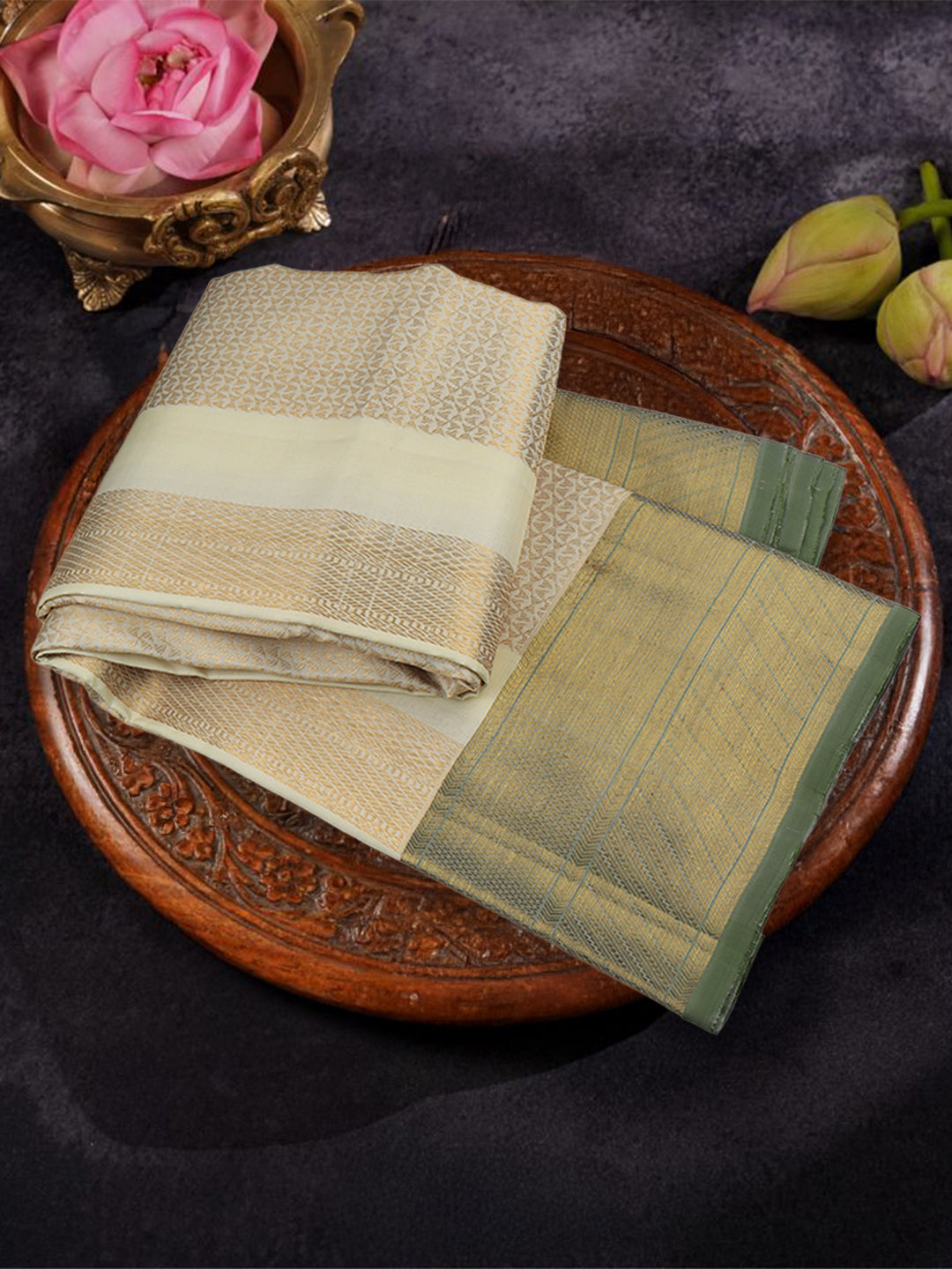 Men Premium Pure Silk Dhoti & Towel Set with 6" inch Gold Jari Border Amirtham AM7