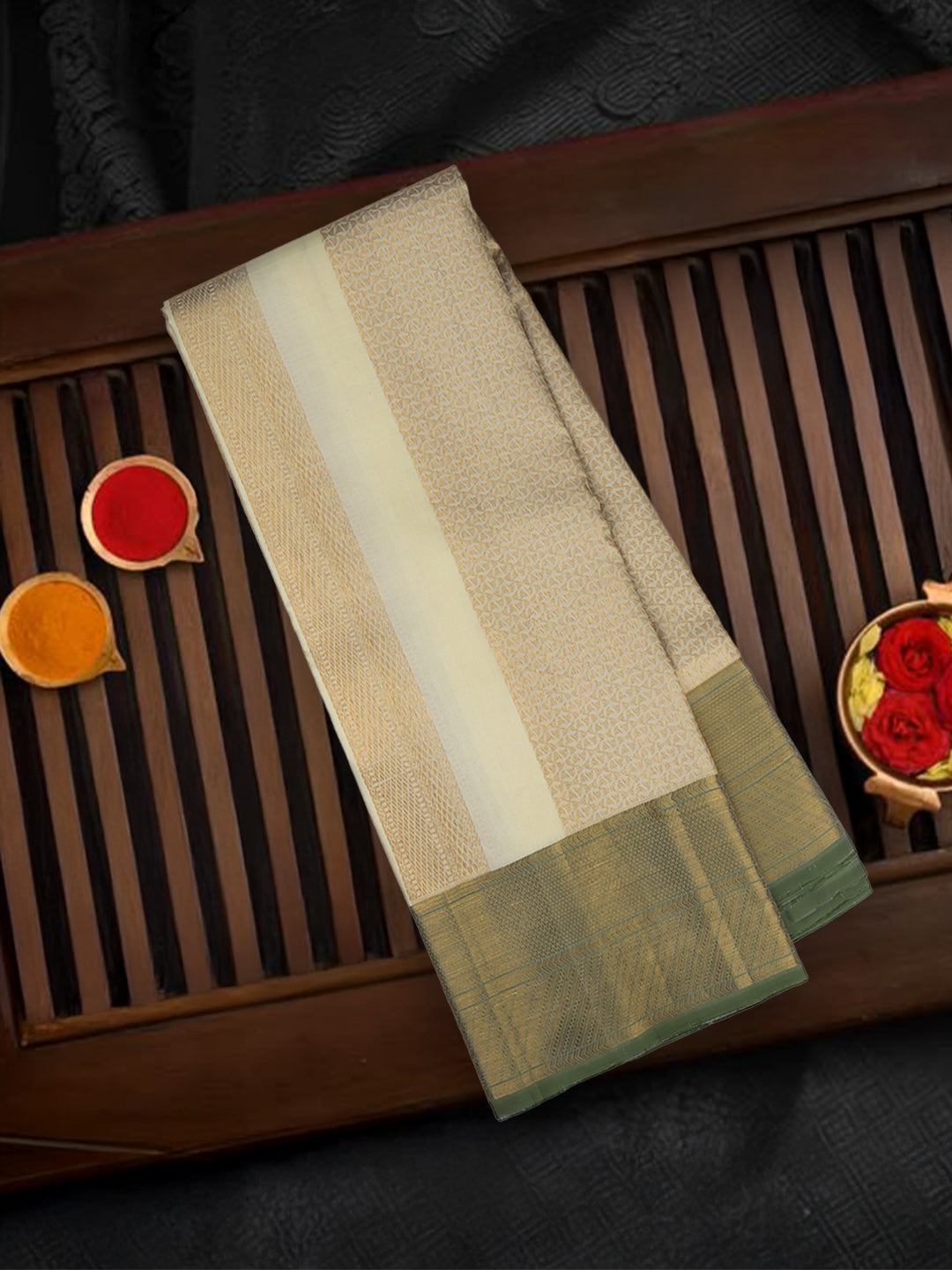 Men Premium Pure Silk Dhoti & Towel Set with 6" inch Gold Jari Border Amirtham AM7