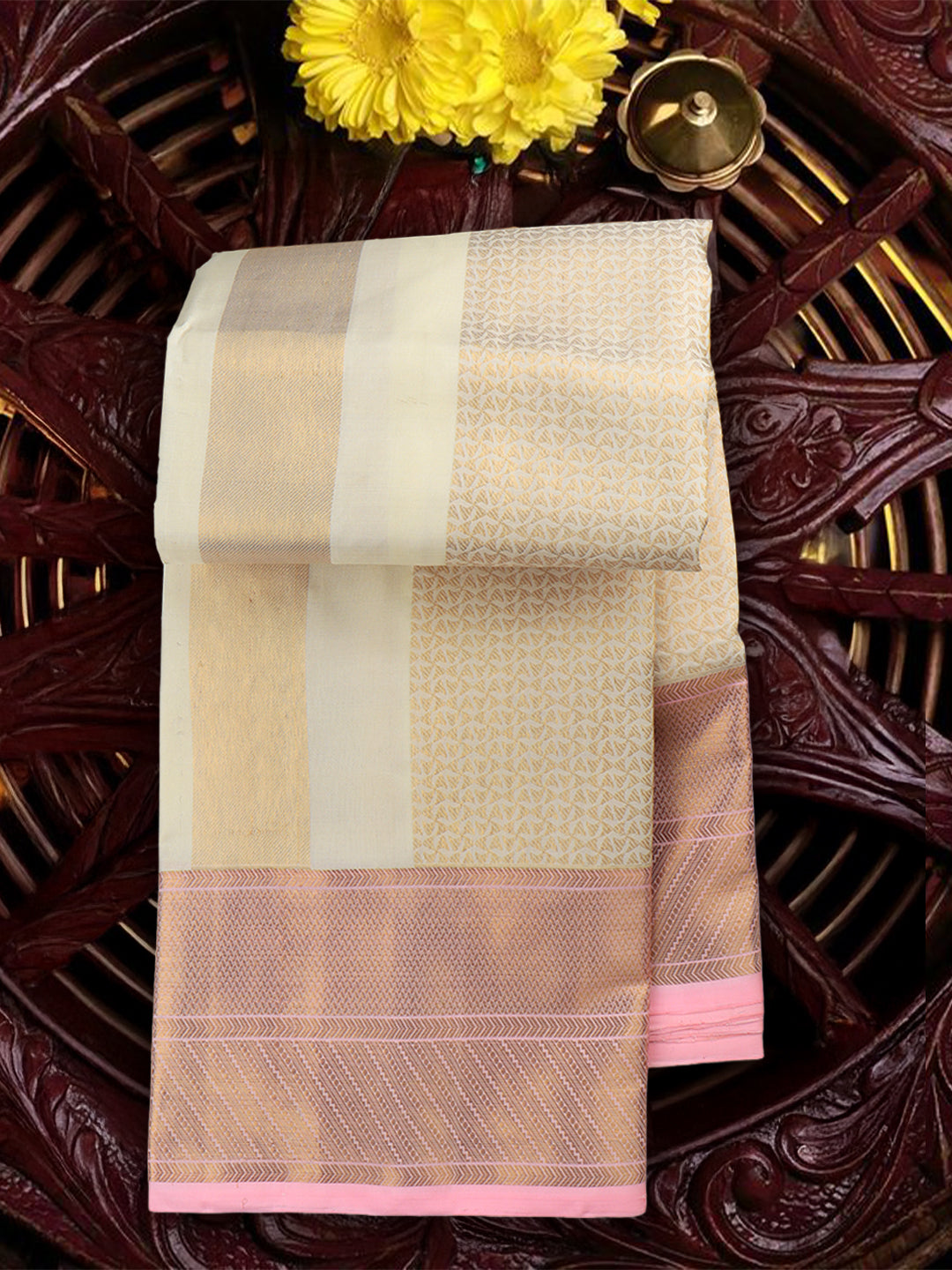 Men Premium Pure Silk Dhoti & Towel Set with 6" inch Gold Jari Border Amirtham AM5