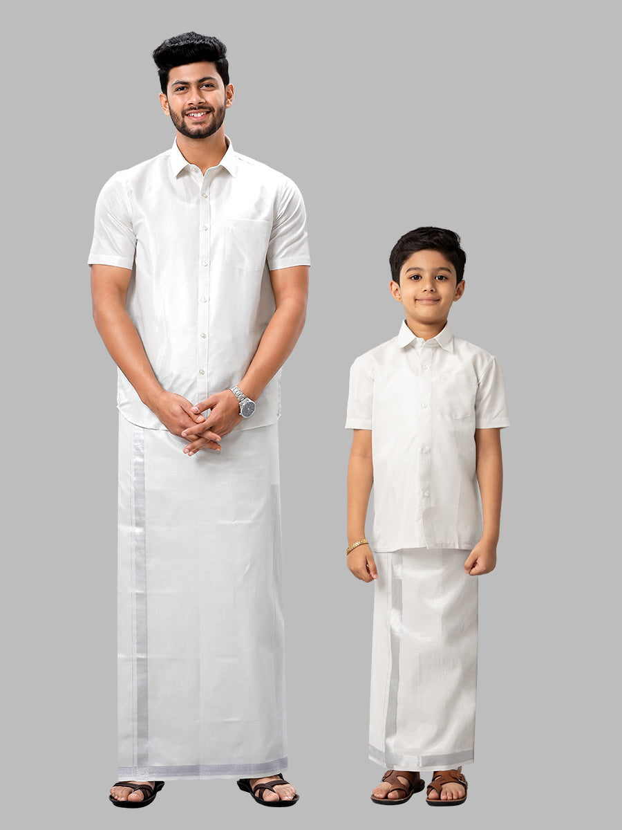 Like Father Like Son Tissue Jari Shirt Dhoti Combo Sankalpam Silver