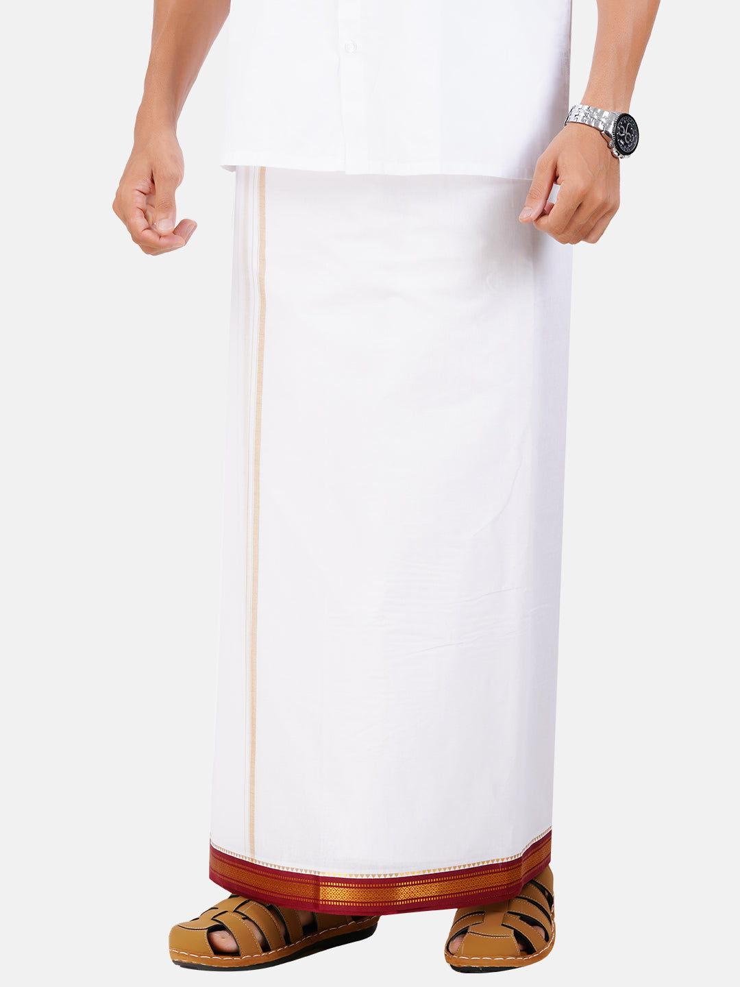 Mens Double Dhoti White with Myilkhgan Border Sudharsan-Side view