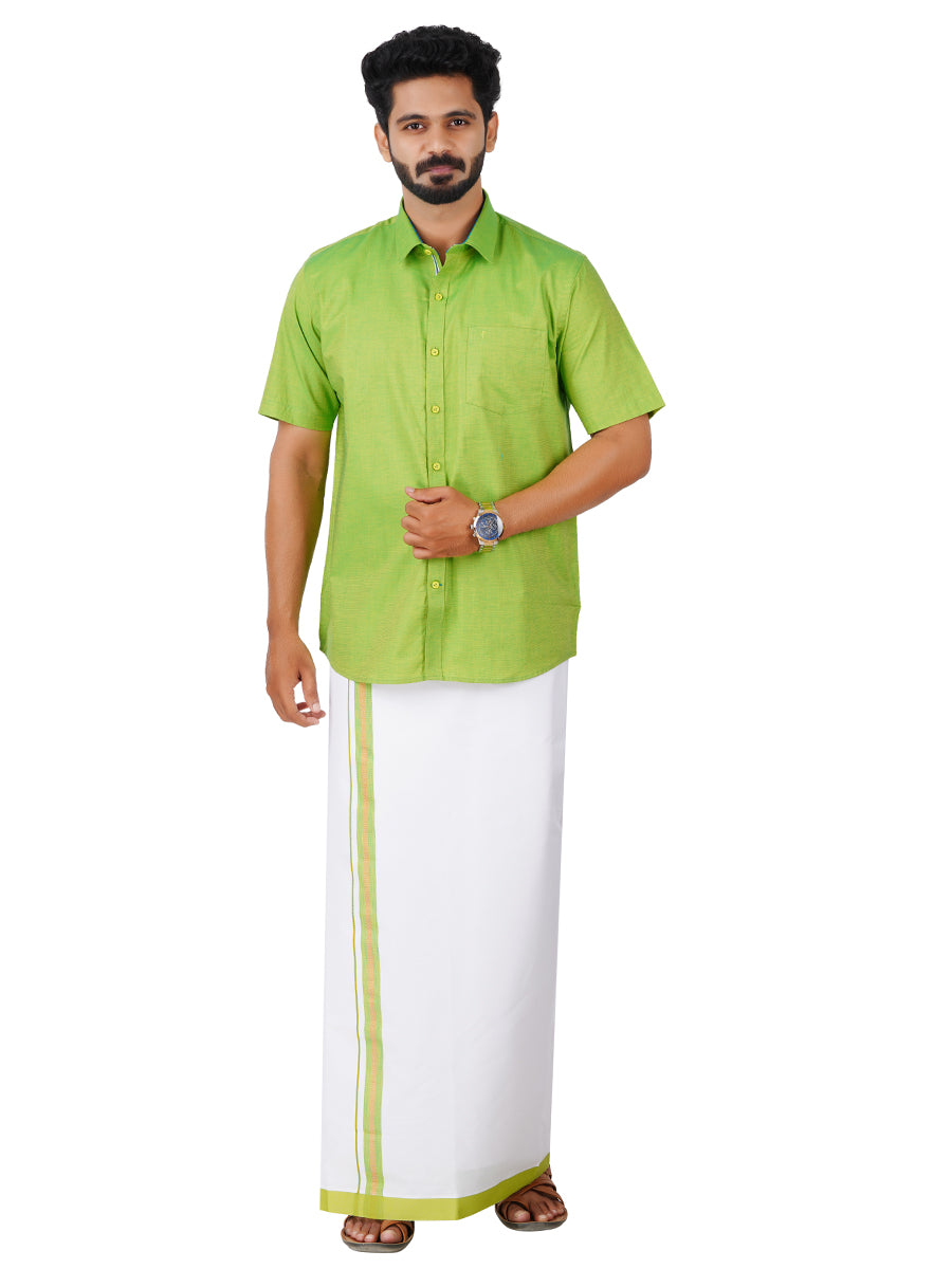 Mens Cotton Matching Border Dhoti & Half Sleeves Shirt Parrot Green Set GL2