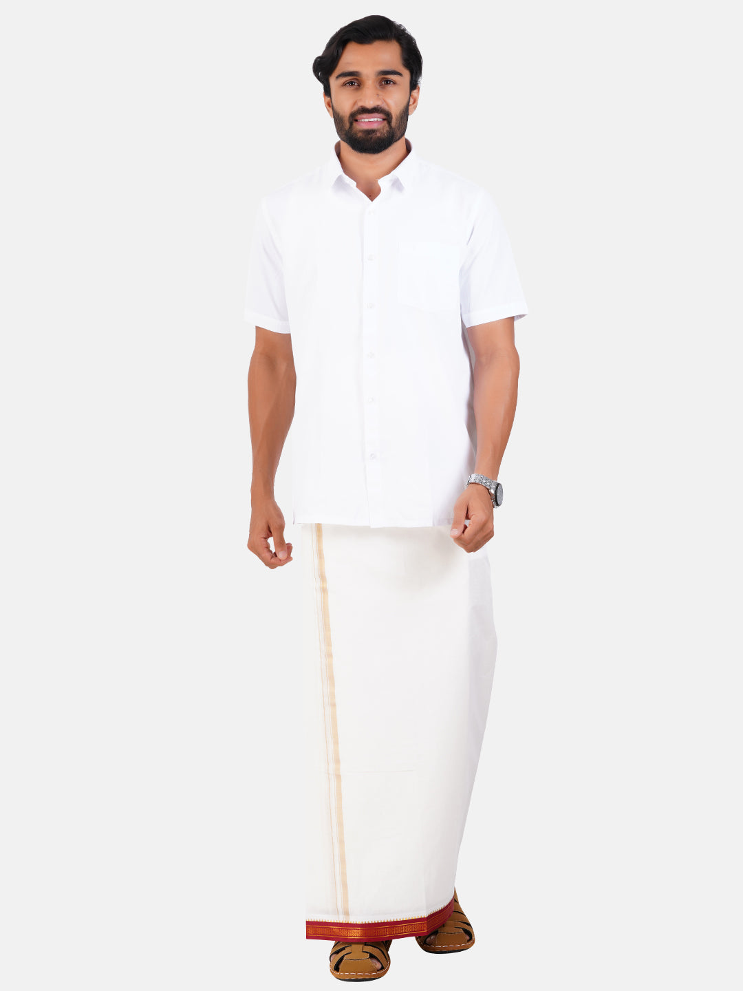 Mens Double Dhoti Cream with Myilkhgan Border Sudharsan-Full view