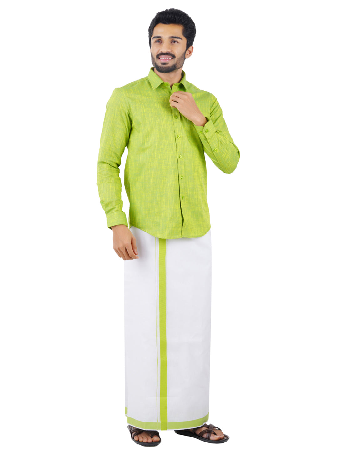 Mens Matching Border Dhoti & Shirt Set Full Green C82