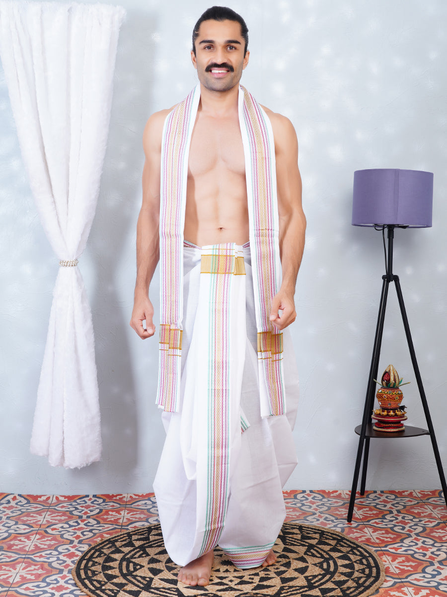 Men Fancy Mustard Border Panchakacham With Angavasthram Srirasthu(9+5) SR24