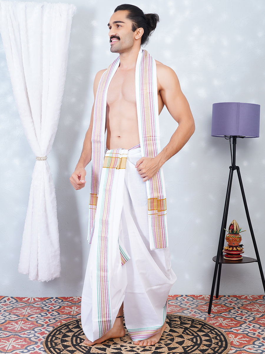 Men Fancy Mustard Border Panchakacham With Angavasthram Srirasthu(9+5) SR24