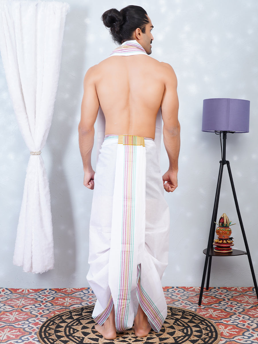 Men Fancy Mustard Border Panchakacham With Angavasthram Srirasthu(9+5) SR24