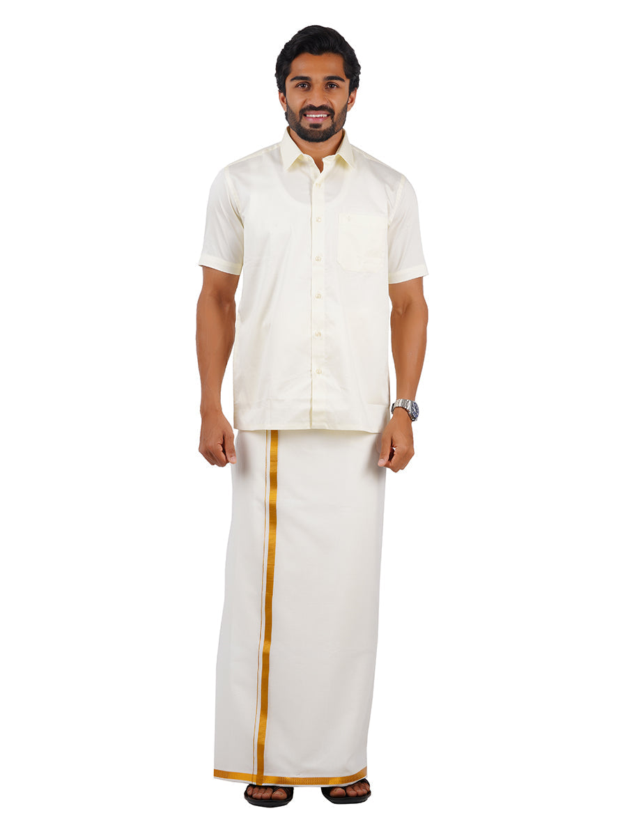 Mens 100% Cotton Single Dhoti Cream with 3/4" Gold Zari Border Galaxy (2 PCs Pack)-Fullview