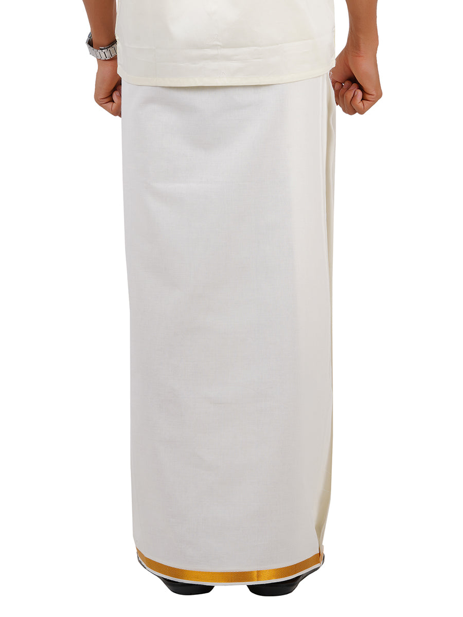 Mens 100% Cotton Single Dhoti Cream with 3/4" Gold Zari Border Galaxy (2 PCs Pack)-Back view