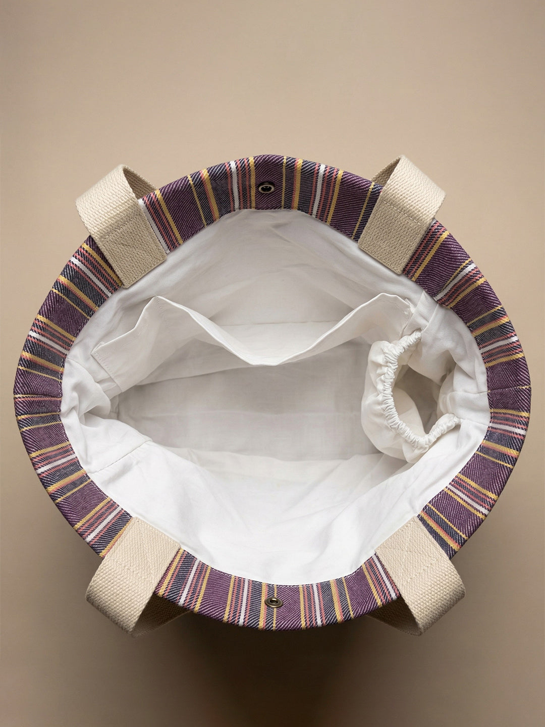 Handwoven Jamakkalam Tote Bag – Purple Base with Yellow & White Stripes | Premium Cotton Hand Bag