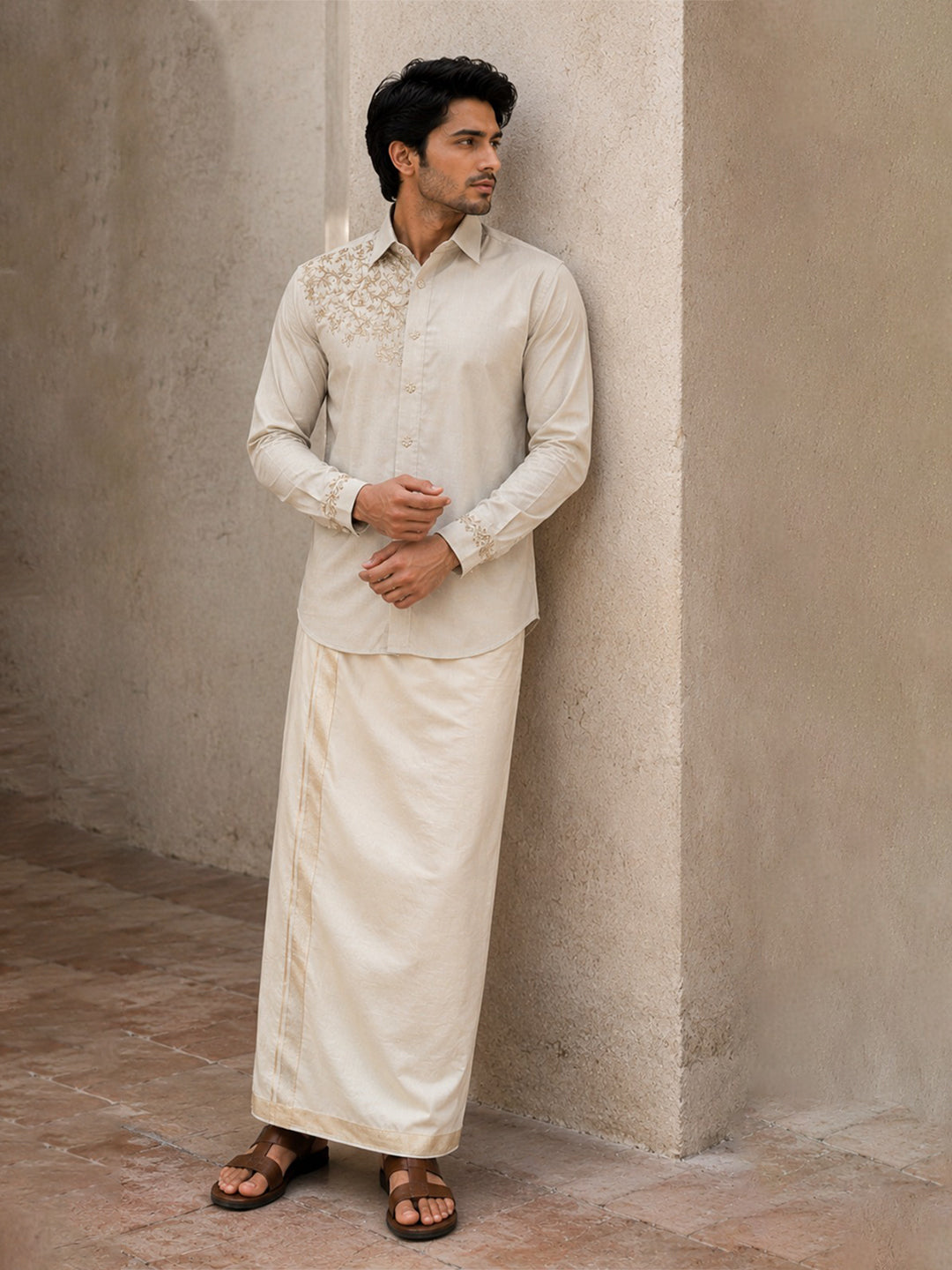 Premium Pure Tussar Silk Hand Embroidered Regal Leaf Chest Motif Customized Shirt & Dhoti Set | Rajamudra