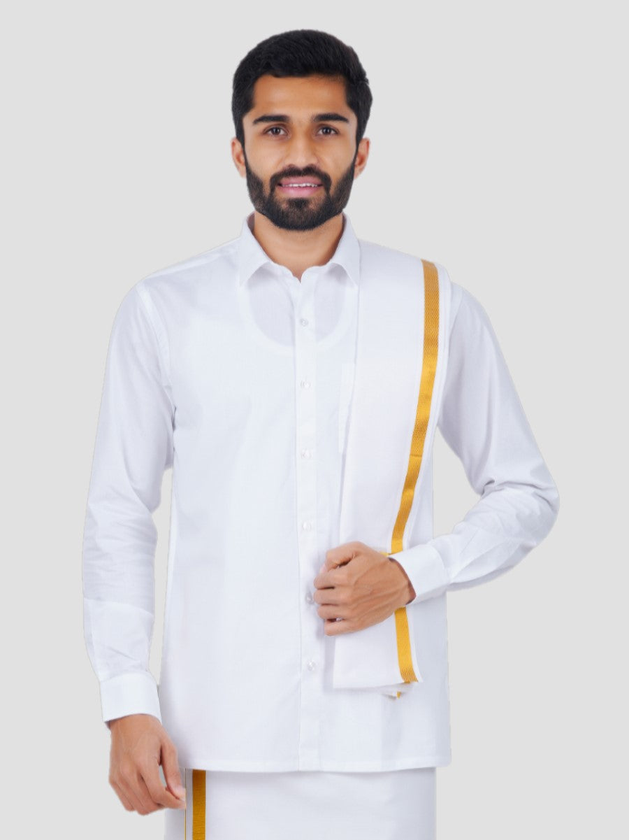 Mens Single Dhoti White with Gold Jari Border 3/4 & Towel Set Kalasadan-Front view