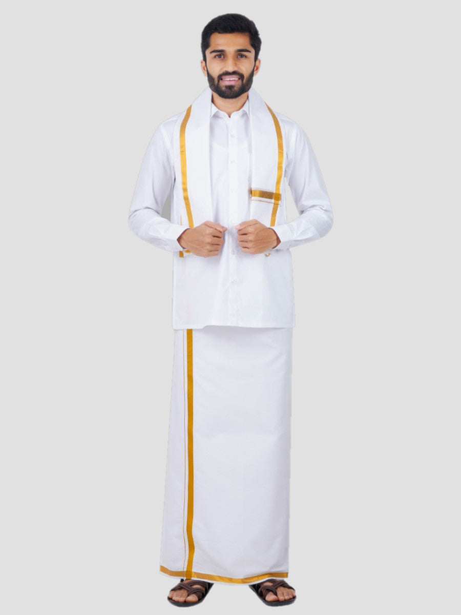 Mens Single Dhoti White with Gold Jari Border 3/4 & Towel Set Kalasadan