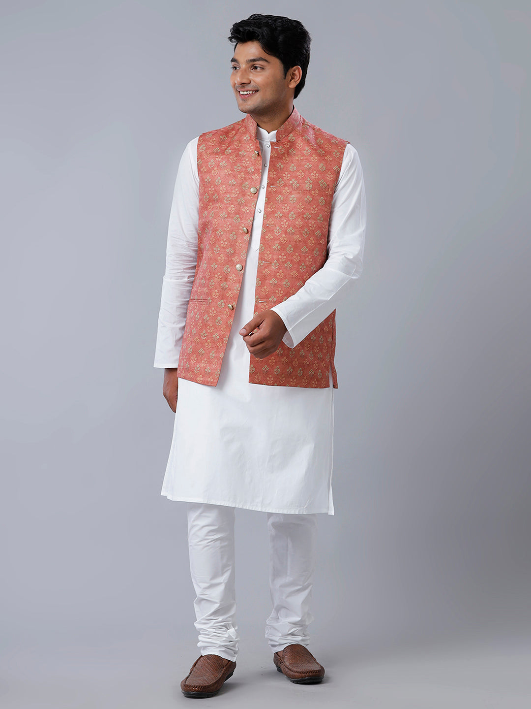 Mens Flower Printed Ethnic Jacket Pink JC2-Full view